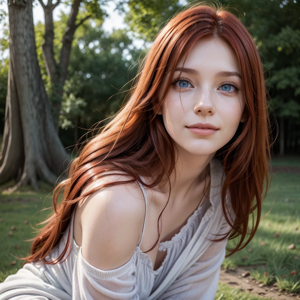 young woman, leaning against a tree, red hair, blue colored eyes, face turned towards the bonfire on the side, fine nose, medium lips, shy smile, flowing hair, esboço de drawning, uncolored, drawning, realisitic