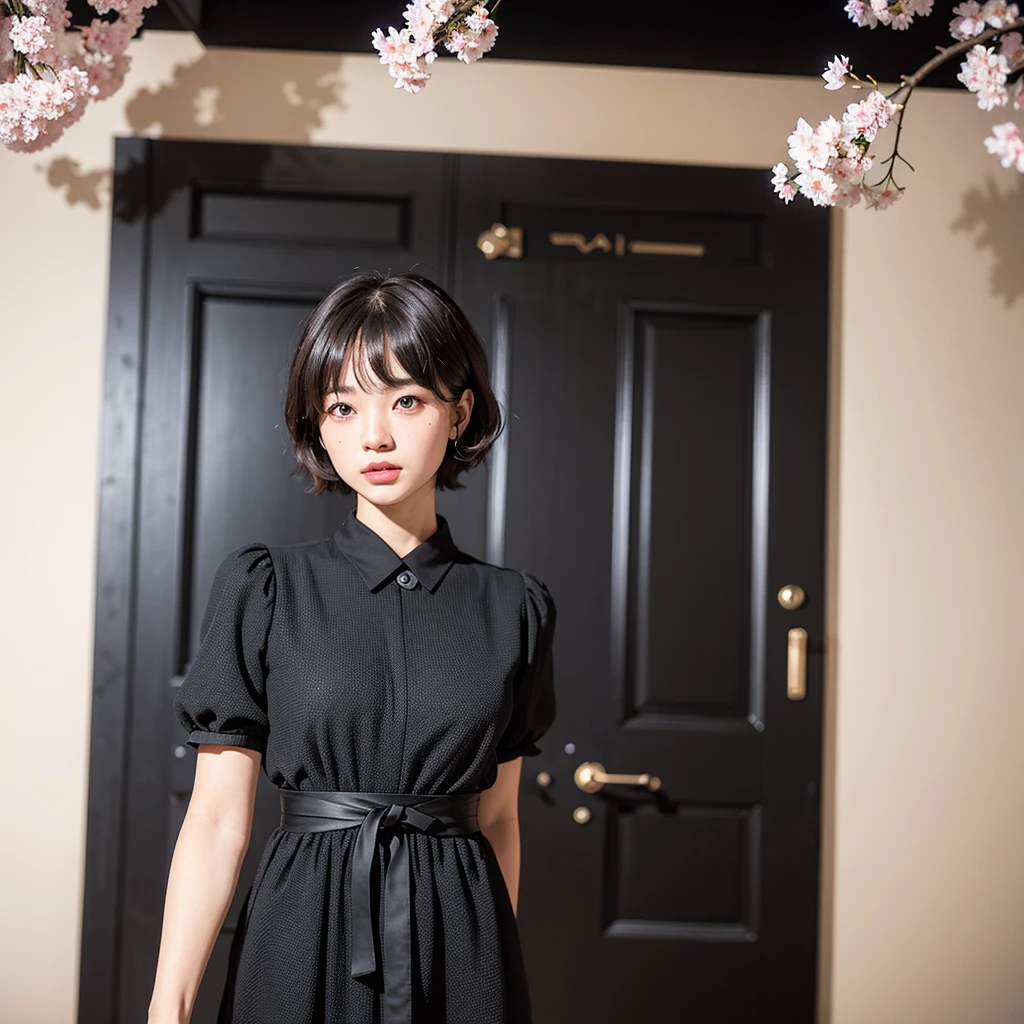 Patterned long sleeve dress、Tabletop、(Black wall on background、In front of the black door:1.4)、((Highest quality、8k、masterpiece:1.3))、(Japanese)、Japanese woman in her 38s、Ultra-high resolution、(photoGenuineistic:1.4)、RAW Photos、Japanese,(face)、Genuine、Photographed in natural light、Highly detailed face and skin texture、Highly detailed lips、The correct state of the human body、Shortcuts、short hair、short hair、Brown Hair、Various poses、Natural color lip、(横face:1.5)、(Comme des Garçons:1.4)、(cherry blossoms:1.5)