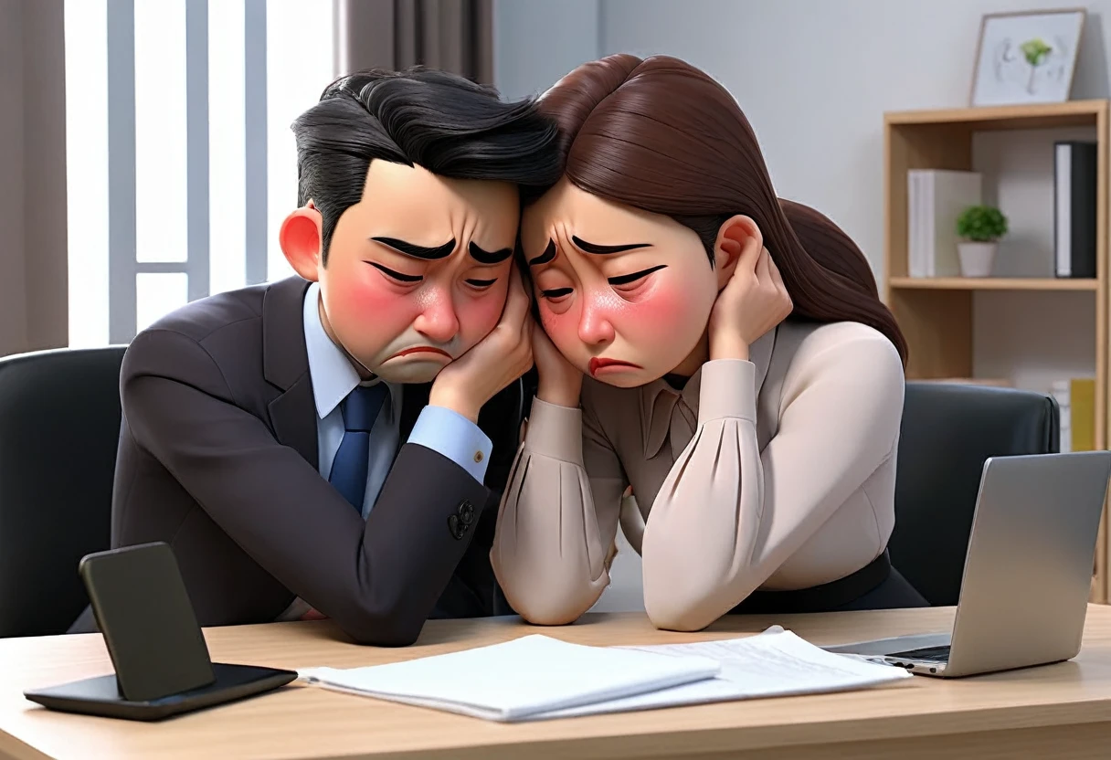 A subordinate who is depressed and crying、A boss gently comforting