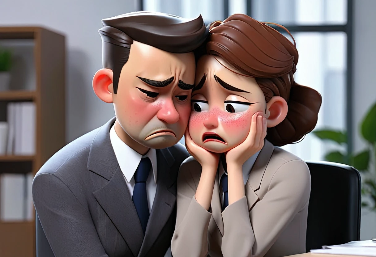 A subordinate who is depressed and crying、A boss gently comforting