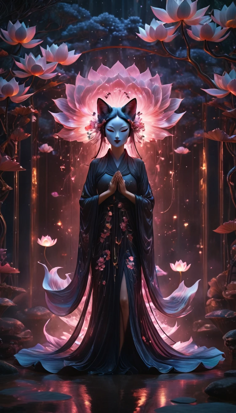Full body photo of a girl in lotus positiotomically correct,born, Cinematic shots, (Sharp focus:1.5), (Realistic:1.4), dusk lighting, Volumetric lighting, Ultra-high resolution, 16K,Dramatic lighting, Abstract background:1.5)(Tangleた,Datura stramonium,Tangle,Intertwined:0.7)Fox Witch,kitsune mask,Haori, Foxfire spells, Fox family, conversion, Depth of written boundary, A fantastic atmosphere, The most beautiful form of chaos, Elegance, Fauvist Design Dark Theme, flowers of death, flowers of ecstasy,Glowing Lines,Glow Example,Tracking example,flash, Backlight,translucent,Particles of light,hill,exit