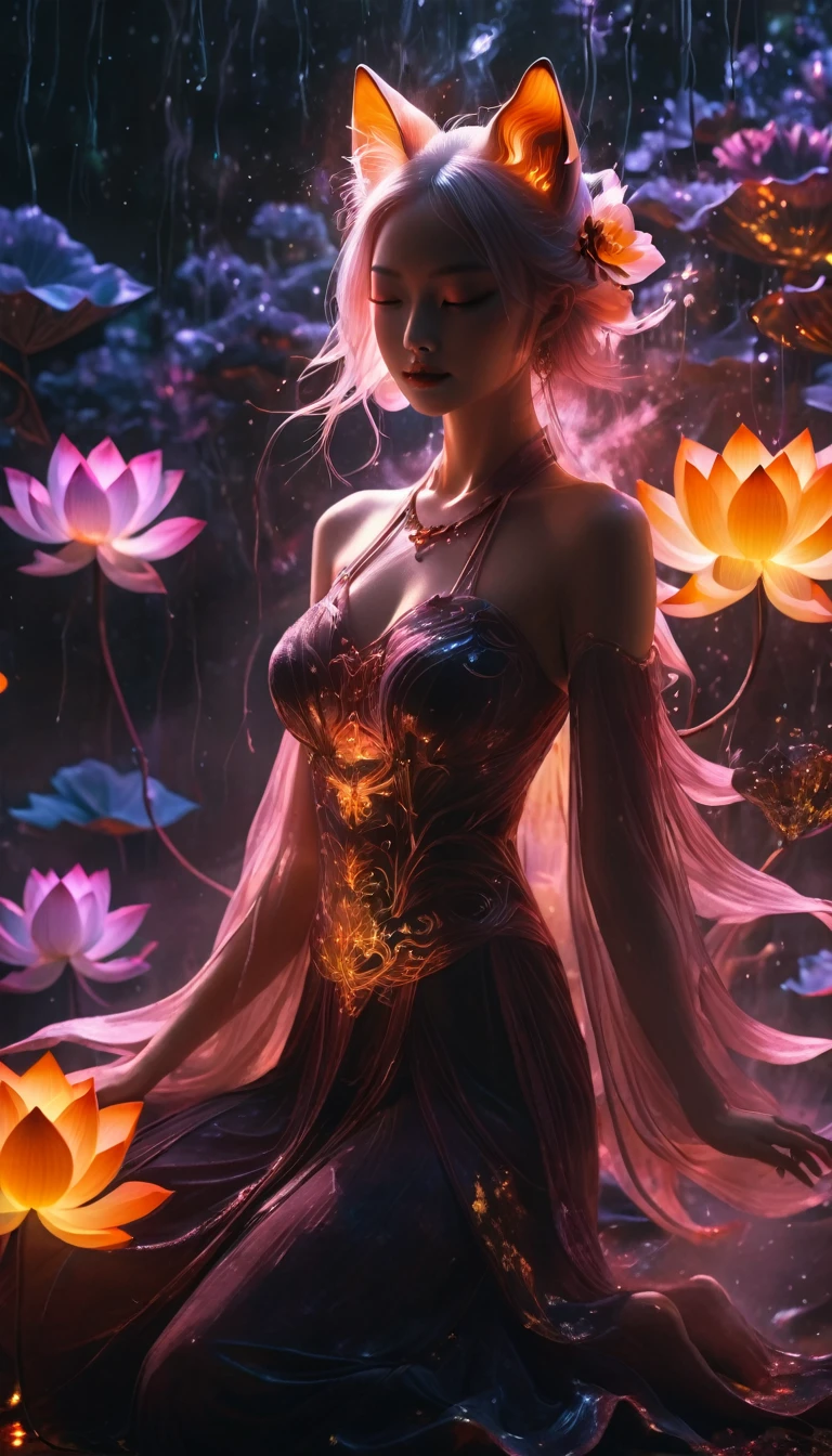 Full body photo of a girl in lotus positiotomically correct,born, Cinematic shots, (Sharp focus:1.5), (Realistic:1.4), dusk lighting, Volumetric lighting, Ultra-high resolution, 16K,Dramatic lighting, Abstract background:1.5)(Tangleた,Datura stramonium,Tangle,Intertwined:0.7)Fox Witch,kitsune mask,Haori, Foxfire spells, Fox family, conversion, Depth of written boundary, A fantastic atmosphere, The most beautiful form of chaos, Elegance, Fauvist Design Dark Theme, flowers of death, flowers of ecstasy,Glowing Lines,Glow Example,Tracking example,flash, Backlight,translucent,Particles of light,hill,exit