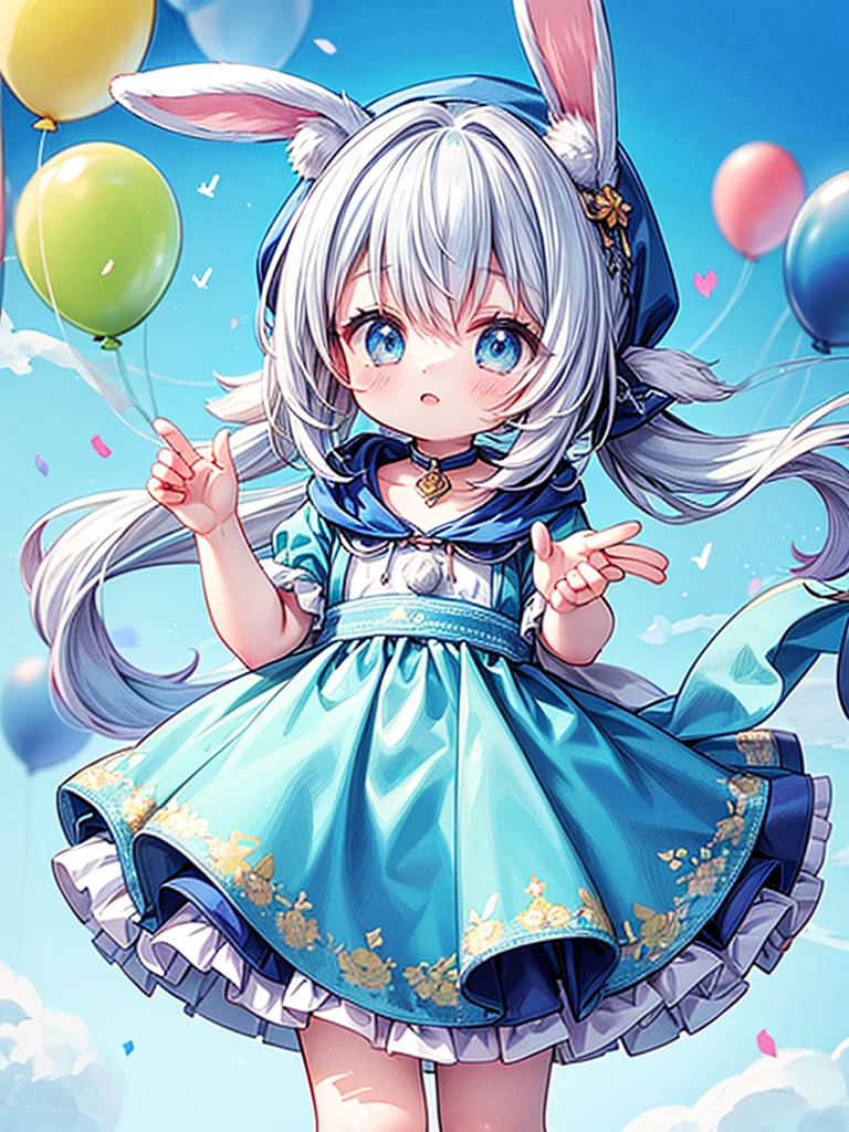 Highest quality、masterpiece、Official Art、16K、Super Fine、so beautiful、Ultra-fine、small、cute、Fly in the blue sky with lots of balloons、Blue costume with hood and rabbit ears、A world of soft and gentle pastel colors、anime