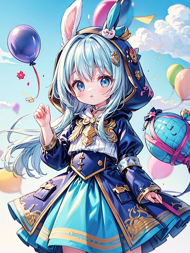 Highest quality、masterpiece、Official Art、16K、Super Fine、so beautiful、Ultra-fine、small、cute、Fly in the blue sky with lots of balloons、Blue costume with hood and rabbit ears、A world of soft and gentle pastel colors、anime