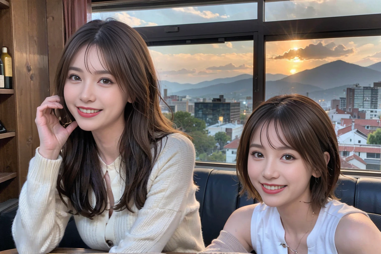 (Realistic:1.1),(masterpiece,Highest quality),8k,(44 years old), 42 years old, slimカップル、Model Couple、actress/actor、Tight waist,Upper Body,full-course dinner、wine 、Amazing view of the sunset sky and clouds、Perfect Anatomy, Brown Hair, short hair,Random Hairstyles,((Highly detailed face and eyes:1.2))(cute顔:1.4),美しいactressの顔,Perfect golden ratio face,Long sleeve shirt、dress,(smile:1.hortcuts、cute、(Realistic, Intricate details:1.2), A bright smile、short hair,Bright Face、赤wine 、Appetizers、Italian food、wine bottle、Champagne、スパークリングwine、(slimな顔), (The body is slim), (Brown Hair), (Shortcuts), Upper Body, 白wine, slim, wineグラス,