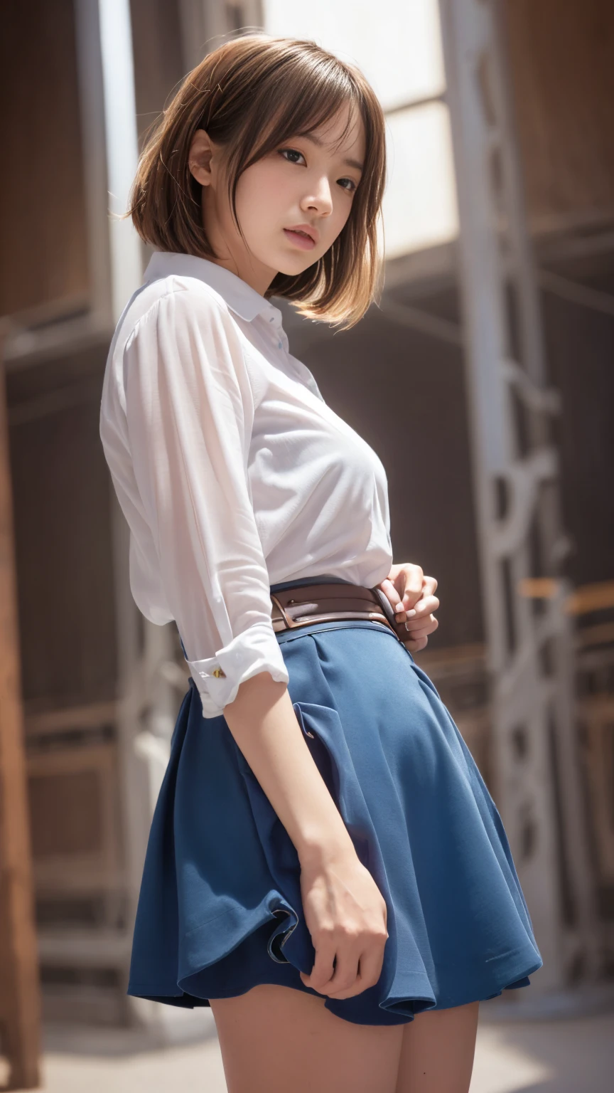 (Highest quality,8k, High resolution, masterpiece:1.2), Very detailed, (Realistic, Realistic, Photorealistic:1.37), (shoot From below:1.5), Front Angle, (From below :1.4), (Crotch focus:1.2), (Low - Angle:1.2), break, beautiful girl, Japanese Girls, 1 girl, Medium Bob Hair, Beautiful light brown hair, glowing light brown eyes, (Fuller lips), Narrow waist, Curvaceous figure, Umbilical cord prolapse, blush, Sweat, Bright sunlight, Looking into the camera, ((Blue blouse, Long skirt with spread))