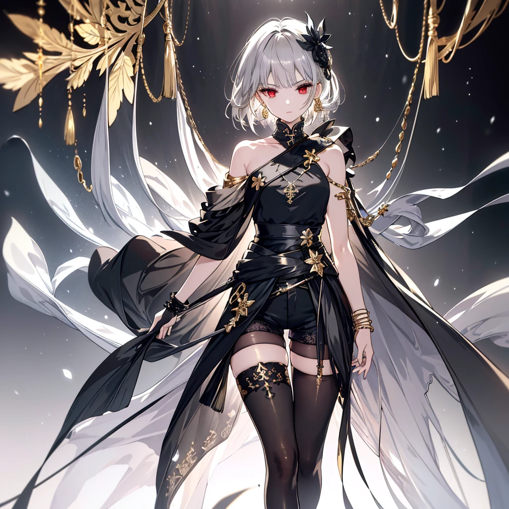 8k,High resolution RAW color art,Anime Art,Silver Marble Skin, (((Very detailed and cool))), Detailed skin, Bokeh、texture,(Exquisitely crafted, The finer details, Ultra-detailed art), (((1 girl))), Depth of written boundary, Silky Touch, Hyper Detail, (((Cool face))), eye shadow, Beautiful detailed red eyes, Beautiful lip detail, Highly detailed face, Delicate depiction of hair and eyes, Detailed Fashion, Golden Earrings,Full body depiction, Black half top、(((Shoulder Bare)))、Black shorts、Waist Cloak、Black thigh-high tights、Golden decoration, Light gray hair, Golden bracelet, Straight Hair、Short Hair、(((Hair)))、Simple Background、Black theme、snow、Side view、look down、cloth、Clear face、bed