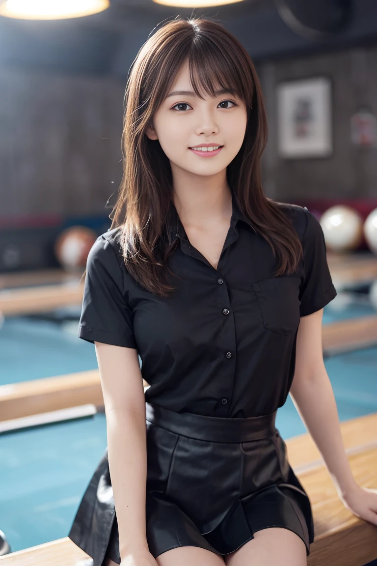 1 girl,{{Tie your hair}}I have a black bowling ball、bowling alley、Snapshot before lane、 {{Very clear and delicate blue eyes}}、(Wear a black bowling shirt and a black skirt :1.2), (RAW Photos, highest qualそれy), (Realistic, Realistic:1.4), Tabletop, Very delicate and beautiful, Very detailed, 2k wallpaper, wonderful, finely, Very detailed CG Unそれy 8K 壁紙, Very detailed, High resolution, Soft Light, Beautiful detailed girl, Very detailed目と顔, Beautiful and sophisticated nose, finelyて美しい目, Cinema Lighting, Perfect Anatomy, Slender body, Was nervous, 
Straight semi-long hair, bangs, Looking at the audience, smile