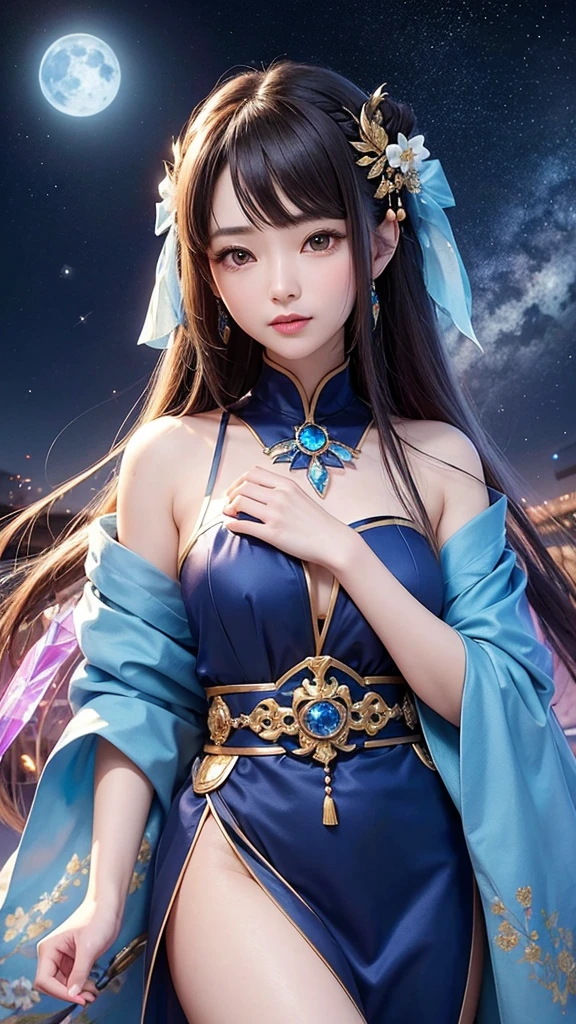 A Japanese female fortune teller with a beautiful and elegant face、Age: 18、Colorful jeweled hair ornaments、Jeweled frame、Hair is brown, almost black、Always have a crystal quartz crystal on the palm of your hand、Light always shines from the crystal of the crystal、The background and clothes are gold、In the background there is a circle-shaped interstellar、Space in the background、The background color is cobalt blue、Stars in the background、moon in the background、Moonlight、Image from the front、Camera-focused images、Ultra HD、Ultra-high resolution、Photorealistic、Traditional costumes of Dunhuang、Embroidered costume、Summer clothes、