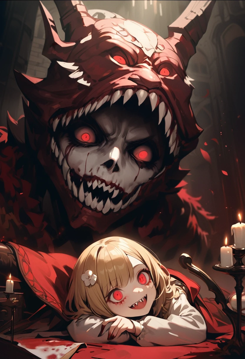 masterpiece, Highest quality, High resolution,(Highest quality,4K,High resolution,masterpiece:1.2),Very detailed,Realistic:1.37,masterpiece, Highest quality, Exquisitely crafted, woman, beautiful, elegant, smile, Blood, iridescent Long Hair, bangs, skirt, shirt, Long sleeve, Frills, shoes, (Red and Black:1.4), flower, spooky, Horror, head蓋Bones, Long Hair, Black Hair, Candles, Blood, hair flower, Dead, hair ornaments, Bone, 人形Horror (theme),spooky altar background,Dark fantasy,Red color scheme,Ominous atmosphere,eyeを引く,Storytelling,Anime Style,Concept Art,beautiful細部までこだわった顔と (((赤いeye ))),A terrifying ritual ,Satanic Ritual,Humanoid,クレイジーなsmile,Scythe Face,Girl Monster, beautiful, Delicate facial features, 鋭いeye, Sharp Fangs, 青White skin, blonde,robot,Cursed Painting, Dark Background, Cinema Lighting, Dramatic Shadows, Gothic style, Gloomy atmosphere, Dark fantasy, One Girl, , Please open your mouth wide, Open your mouth and baring your teeth,Sharp teeth like a beast, Wide lips, very wide mouth, Vermilion cheeks, ,(Bloodしぶき:1.4),Scary smile, smile,Fallen angel design, ねじれたsmile、Bloodまみれの、headからの出Blood,、Bloodしぶき、,(Bloodしぶき:1.4),Crossbones, head蓋Bone,Horror 一人の男の子, Cream colored hair, Blonde, Pearly hair, nice boy, Pure white angel wings, Loose-fitting clothing, Larger clothes, dark red eye, eyeの下のたるみ, dark circles under eye, やみcute, Fluffy hair, Voluminous Hair, skinny, slim, very skinny, Androgynous, cute, spooky, short hair, Horror, Faded colors, White skin, spooky, Unnaturally thin, I'I am hungry, eye, eye in background, sharp eye, Long eyelashes, Under the eyelashes, Loose shorts, レースshirt, Frillsshirt, Tie the ribbon'head, Detailed clothing, A loose cardigan, Open cardigan, 滴るBlood, that'terrible, nightmare, Haunted, stitch, patchwork, string, Injury, hell, Injury on arms, self-harm, cut, Black Fingers, factory, Abandoned, A dismembered ghost,Many heads,Many heads,Lots of faces,Multiple faces,Multiple Girls,Frolicking Girl,複数のwoman,tea ,クレイジーなsmile,look up,Face shot,Scythe Face,Girl Monster, slave,beautiful, Detailed portrait, Delicate facial features, 鋭いeye, Sharp Fangs, 青White skin, Thick chain, Dark Background, Cinema Lighting, Dramatic Shadows, Gothic style, Gloomy atmosphere, Dark fantasy, One Girl, , Please open your mouth wide, Open your mouth and baring your teeth,Sharp teeth like a beast, Wide lips, very wide mouth, Vermilion cheeks, ,(Bloodしぶき:1.6),Scary face, Laughter Witch design, ねじれたsmile、Bloodまみれの、headからの出Blood,,、Bloodしぶき、,(Bloodしぶき:1.6),Crossbones, head蓋Bone, , Horrorスタイル, ((Fantasy Witch Costume)), ((Flowing white hair)), ,(Bloodしぶき:1.6),womanの曲線, Large Breasts, Thick thighs, Sexy flat stomach, Perfect hands, Perfect anime face, ((dark ta dress)), Are standing, ((邪悪なsmile)), ,(Bloodしぶき:1.6),Victorian cities, gaslight, Steam circulates, Moonlight Illumination, night lighting, A sky filled with stars and galaxies,disaster々new devil horns,,(Bloodしぶき:1.6),アニメゾンビWitch design, ねじれたsmile、Bloodまみれの、headからの出Blood,,、Bloodしぶき、,(Bloodしぶき:1.6),Crossbones, head蓋Bone,,Photo Background,Wide Shot,Scythe Face,Girl Monster, slave,beautiful, Detailed portrait, Delicate facial features, 鋭いeye, Sharp Fangs, 青White skin, Thick chain, Dark Background, Cinema Lighting, Dramatic Shadows, Gothic style, Gloomy atmosphere, Dark fantasy, One Girl, , Please open your mouth wide, Open your mouth and baring your teeth,Sharp teeth like a beast, Wide lips, very wide mouth, Vermilion cheeks, ,(Bloodしぶき:1.6),Scary face, Laughter Witch design, ねじれたsmile、Bloodまみれの、headか