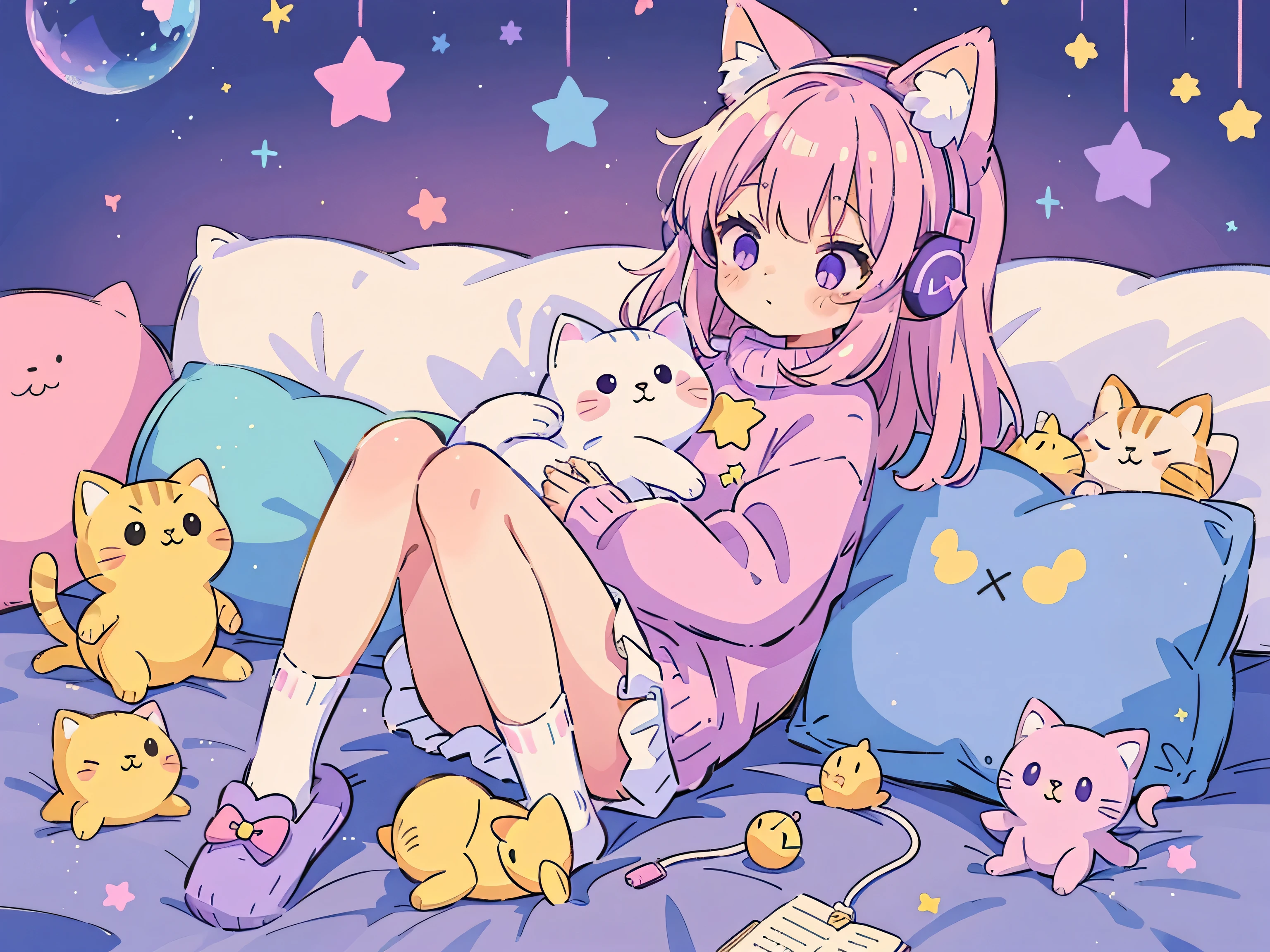 Cat Girl, Solo, Fluffy clothes, Sweaters, sleeves, sox, Slippers, Pastel colors, (Purple, Blue, Pink, yellow), Cozy, Dreamy, Stars, a sticker, Bubbles, Glitter, brilliance, plushies, headphones
