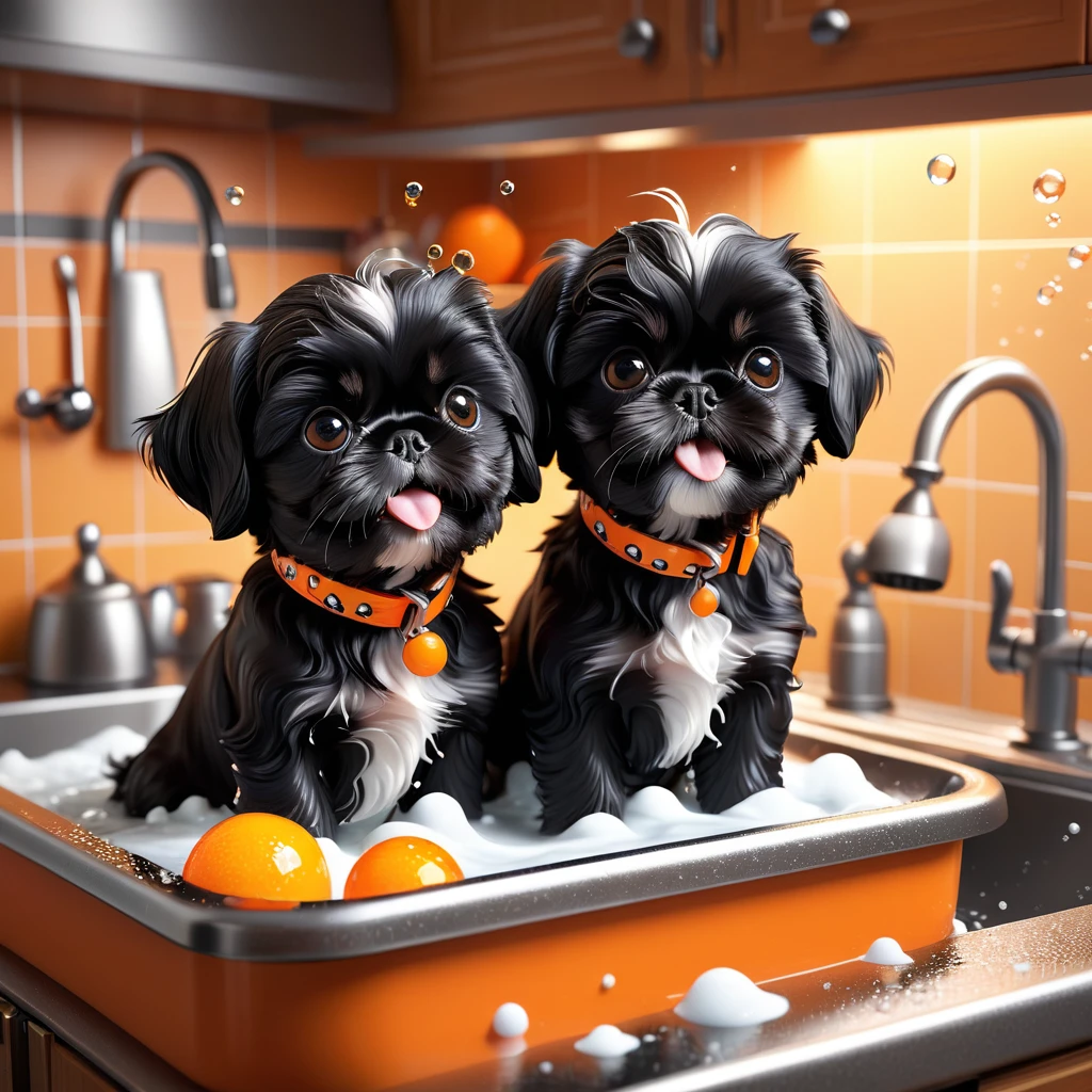 2 adorable small black shih tzu puppies, wearing orange collars playing in sink, making a mess in disney kitchen, 3d cartoon, 3d render, disney pixar style, cute, adorable, cinematic lighting, high contrast, vibrant colors, photorealistic textures, intricate details, glossy, shiny, wet surfaces, splashing water, bubbles, foam, playful, mischievous, expressive, soft focus, depth of field, warm tones, studio lighting