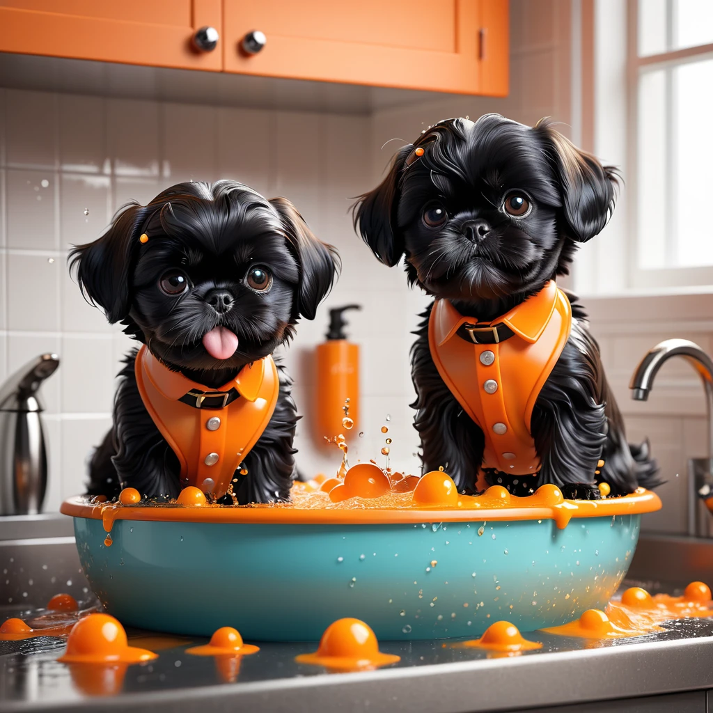 2 adorable small black shih tzu puppies, wearing orange collars playing in sink, making a mess in disney kitchen, 3d cartoon, 3d render, disney pixar style, cute, adorable, cinematic lighting, high contrast, vibrant colors, photorealistic textures, intricate details, glossy, shiny, wet surfaces, splashing water, bubbles, foam, playful, mischievous, expressive, soft focus, depth of field, warm tones, studio lighting