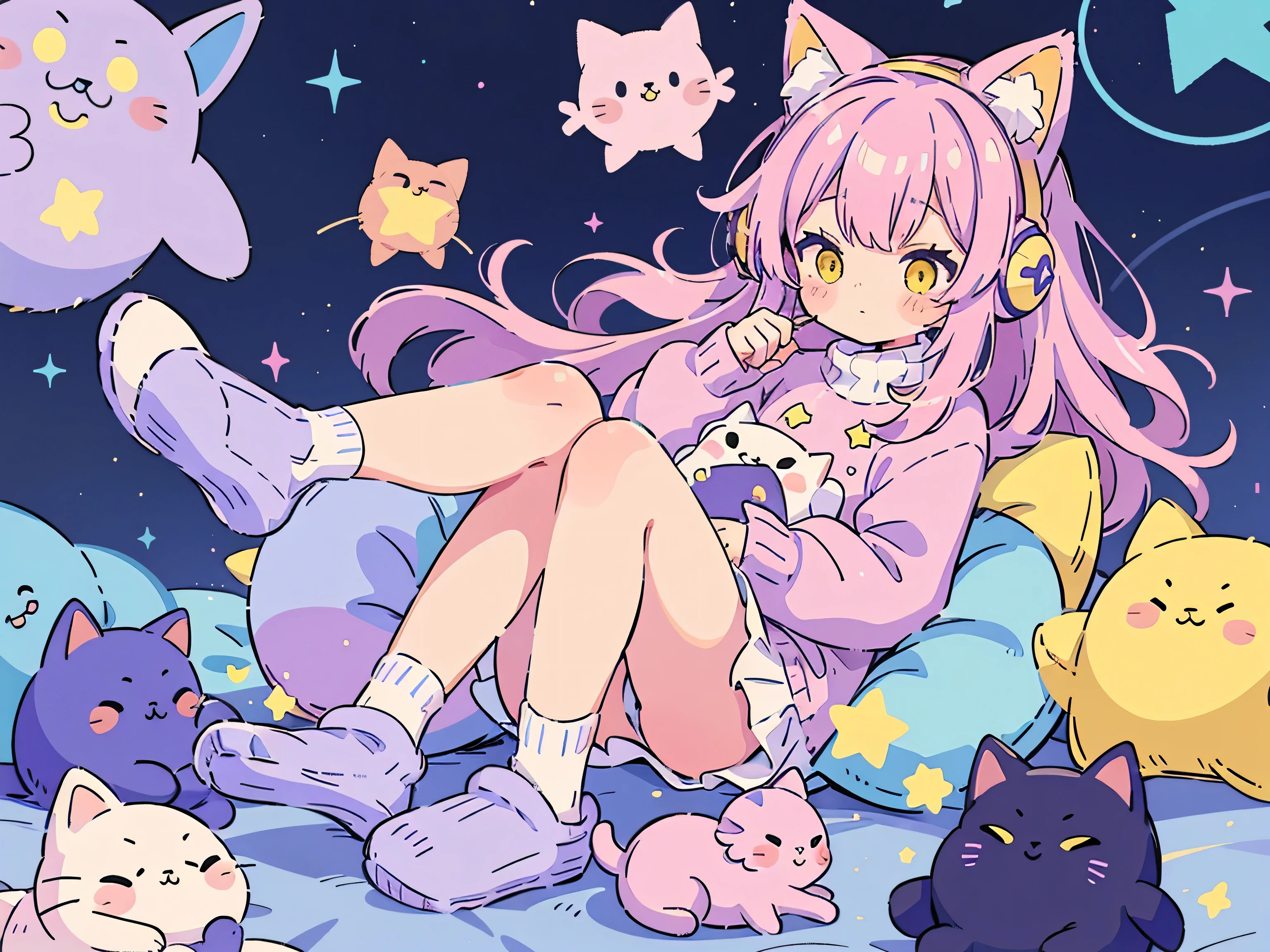 Cat Girl, Solo, Fluffy clothes, Sweaters, sleeves, sox, Slippers, Pastel colors, (Purple, Blue, Pink, yellow), Cozy, Dreamy, Stars, a sticker, Bubbles, Glitter, brilliance, plushies, headphones