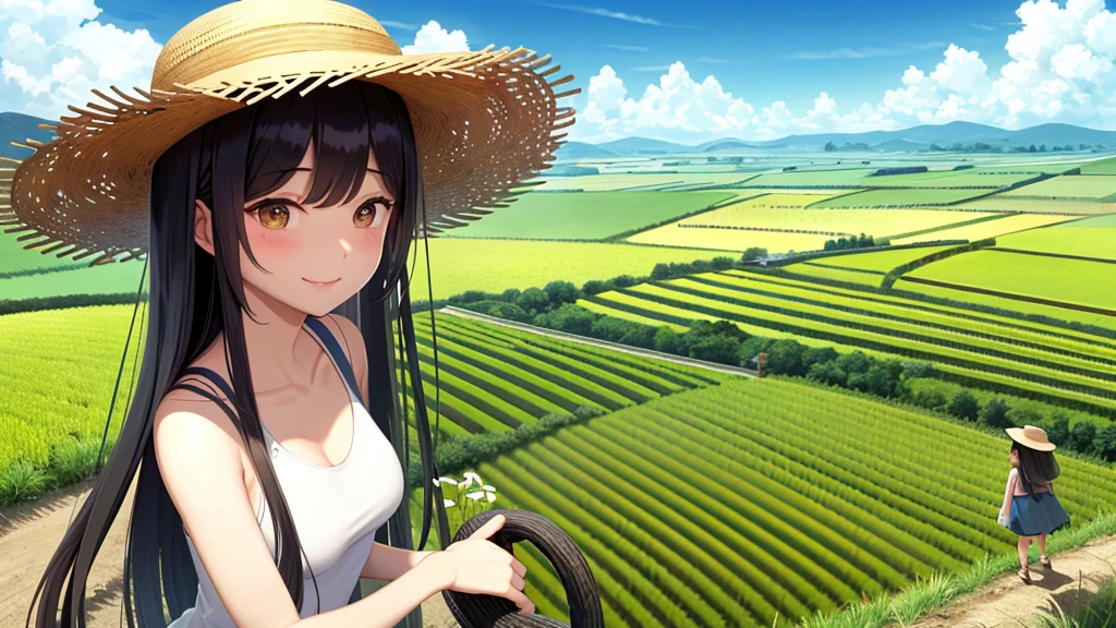 View from the summit,Small seedlings growing in rice paddies,Rice cultivation,Rice transplanter,masterpiece,Long black hair,Large Breasts,Brown eyes,smile,Straw hat