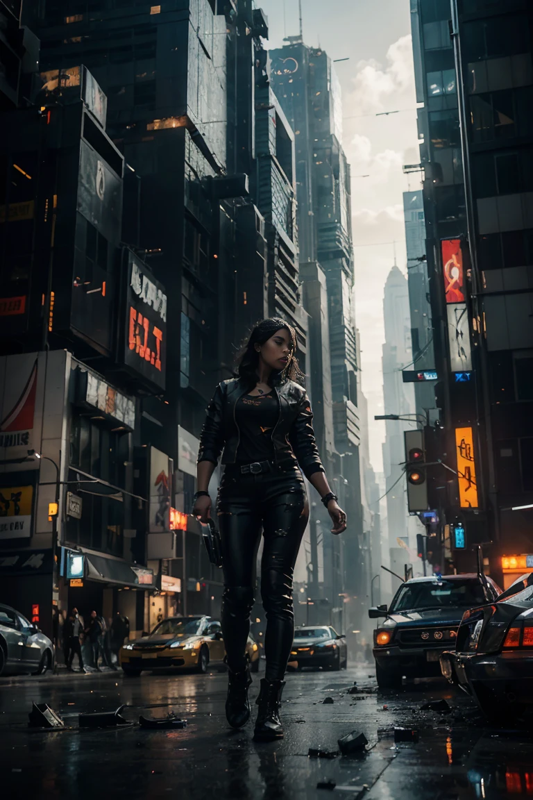 (Highest quality, Ultra HD, 16k, Masterpiece) A powerful girl walks confidently in front of her rugged, futuristic car amidst a chaotic and war-torn metropolis. The shot is a medium to long view, capturing her determined presence and the complete surroundings around her. She gazes ahead with a fierce, unyielding expression, embodying strength and resolve. She wears a fitted mecha tshirt under a stylish jacket and jeans pants, her attire blending practicality with a touch of modern flair. The jacket is detailed with guns, rifles, and utility pockets, enhancing her battle-ready appearance. Her hair is tousled and windswept, adding to her dynamic presence. The car behind her is a heavily modified, armored vehicle, its exterior scarred from countless battles. It stands as a testament to her resilience and resourcefulness, with various gadgets and weapons mounted on its frame. The car's sleek, complements the overall gritty atmosphere. In the background, the entire skyline of the metropolis is visible, partially obscured by smoke and ash. Skyscrapers tower amidst the chaos, many of them heavily damaged with gaping holes and crumbling facades. Explosions light up the scene, casting an eerie glow over the widespread destruction. Spaceships hover menacingly in the sky, engaged in fierce aerial battles, their sleek designs contrasting with the devastation below. The ground is littered with debris and remnants of destroyed structures, adding to the sense of a world torn apart by conflict. Scraps of metal, shattered glass, and remnants of vehicles are scattered across the landscape, emphasizing the scale of destruction. The lighting is dramatic, with sharp contrasts that highlight the textures of her attire and the metallic surface of her car. Hollywood action movie. Action film, ((tshirt)), (((fully covered mecha tshirt))), (((mecha jacket on top))), (((guns))), ((((long shot)))), ((((zoomed out)))), (((100mm)))