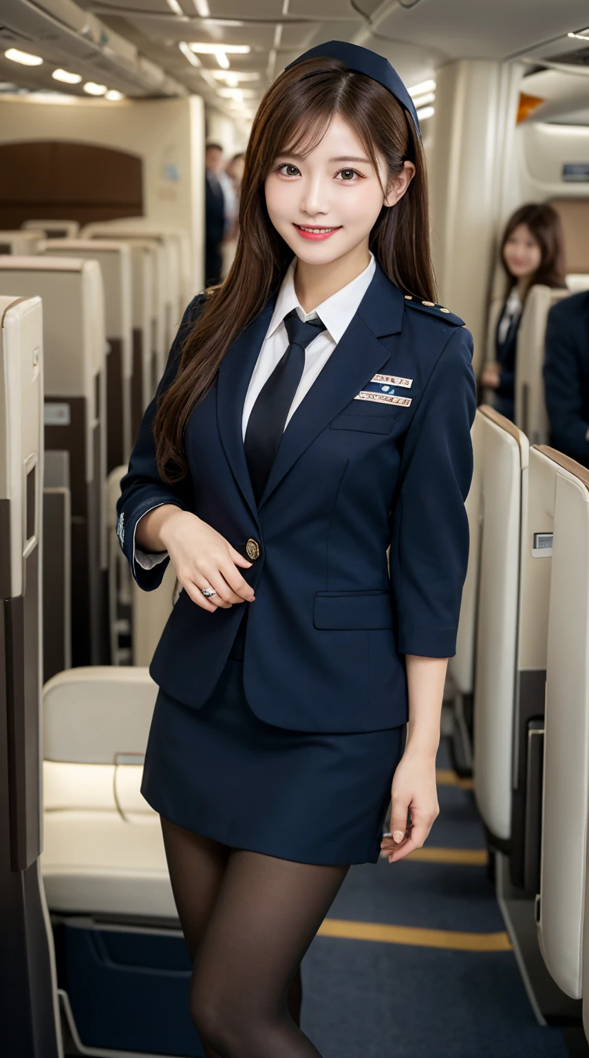 ​highest quality、table top、8k、best image quality、Award-winning work), two beautiful women、radiant beautiful skin , masterpiece、top-quality、The ultra -The high-definition、depth of fields、lens flare 1 girl、、brown hair, watching at viewers glares, large breasts ,  stewardess uniform, (  stewardess blazer:1.3),  shirt, short  skirt, (black high heels, model pose, view from below, smiling , flight cabin, pantyhose
