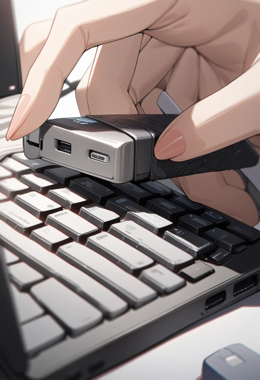 ((background only)),masterpiece, best quality, extremely detailed, ultra detailed, flat anime, 2D, close-up of a female hand, inserting a USB flash memory into a sliver laptop's side USB port, laptop keyboard is visible, the USB flash memory has a black casing,