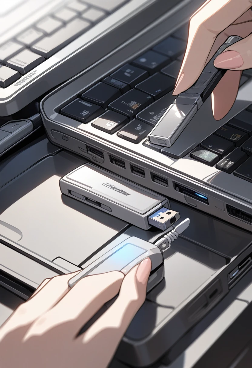 ((background only)),masterpiece, best quality, extremely detailed, ultra detailed, flat anime, 2D, close-up of a female hand, inserting a USB flash memory into a sliver laptop's side USB port, laptop keyboard is visible, the USB flash memory has a black casing,