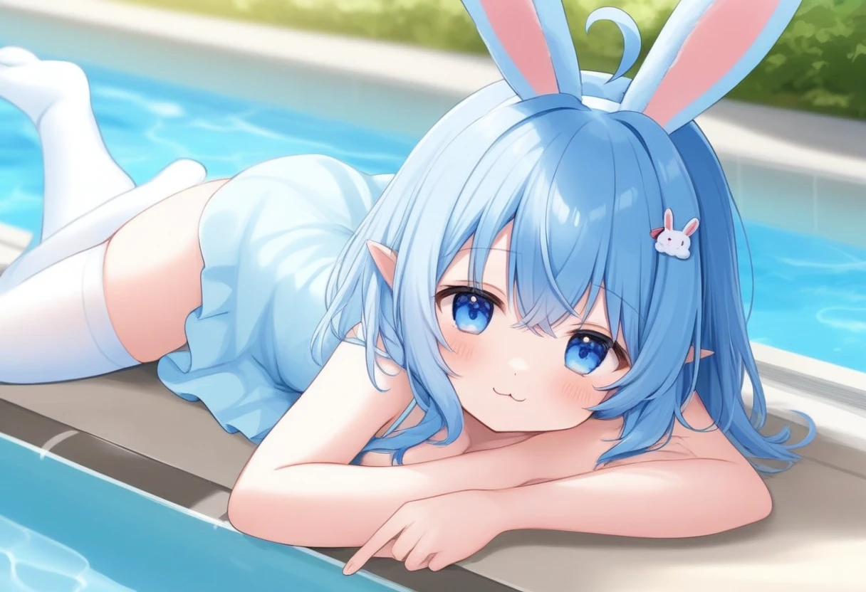 a close up of a lop ears rabbit lying down , 1girl, animal ears, solo, thighhighs, breasts, tail, hair ornament, shoulder cutout, :3, ahoge, v, (score_9,score_8_up,score_7_up), ncaaoo33, cute girl ,lop rabbit ears,medium hair,blue cute girl ,lop rabbit ears,blue hair,ahoge ,straight_hair ,crossed_bangs,blue eyes ,poolside,sundress,blue hair ribbon