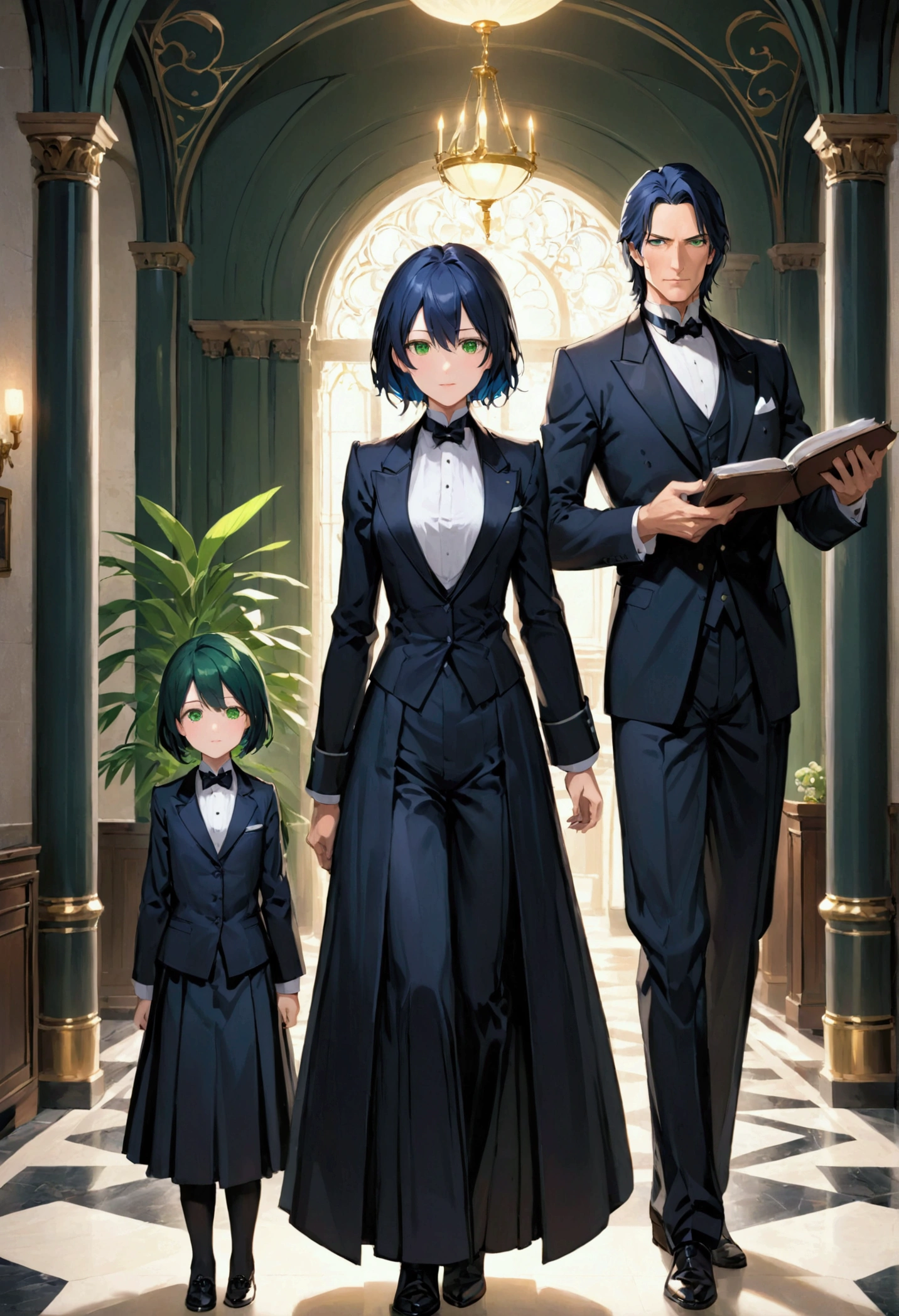 Girl with dark blue hair, green eyes,tall rectangular body figure, mature, butler outfit