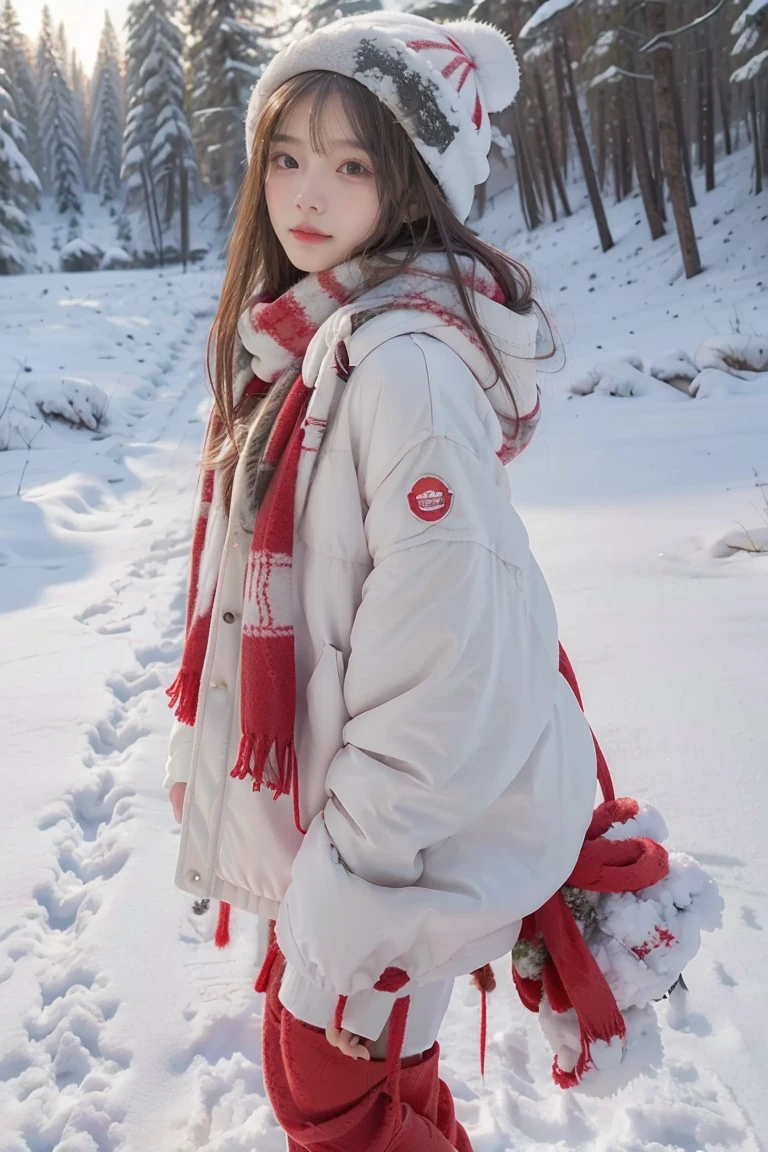 A beautiful girl，long hair slightly curly，Wearing a white cotton jacket，Wearing a red plush hat，wearing red scarf，standing in the snow，There are pine forests on both sides of the snow field，In the distance is the house，medium shot，best quality, masterpiece, ultra high resolution