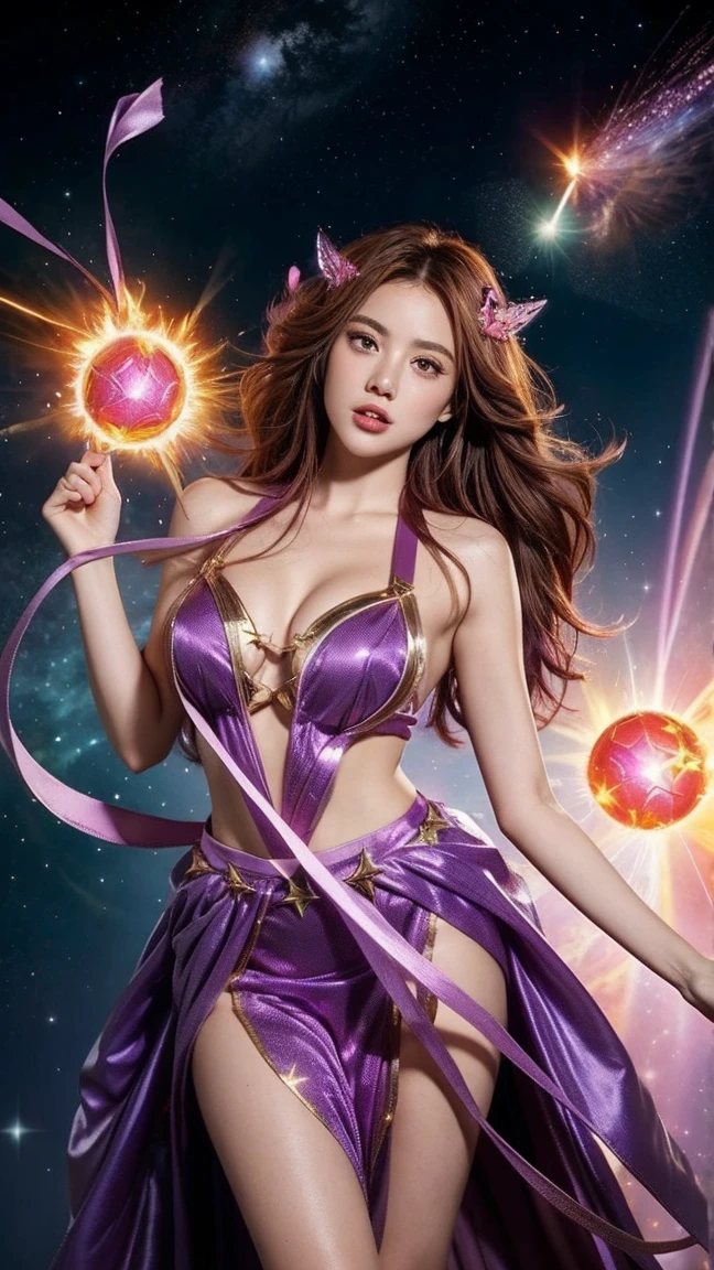 Create an image of Leona from League of Legends by Riot Games in her Star Guardian skin, dressed in a vibrant pink and purple outfit adorned with stars and light ribbons; she is casting her 'Solar Flare' ability, summoning a solar explosion upon her enemies, with a cosmic space background filled with stars and meteors