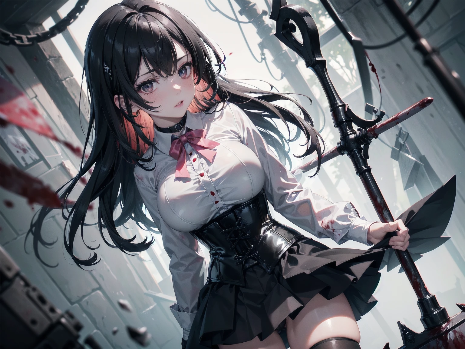 ((blood droplets)), ((blood)), ((blood splatter)), ((blood on clothes)) ((blood stain)), masterpiece, Superior image quality, High resolution, 4k image,photo and gross, photorealistic, whole body, distant view, ung man of 15 y{{vagina}}}, big breasts, beautiful face, long black hair, black eyes, very detailed eyes, pink cheeks, serious expression, choker:1.6, (white collar button down long sleeve shirt), black gloves, gloves that cover hands, (holding an ax in the right hand), (black leather corset), (shiny black miniskirt), Sensual Lips, show details in the eyes, View from the front, looking at the viewer, gloomy forest, at night, atmosphere, fog
