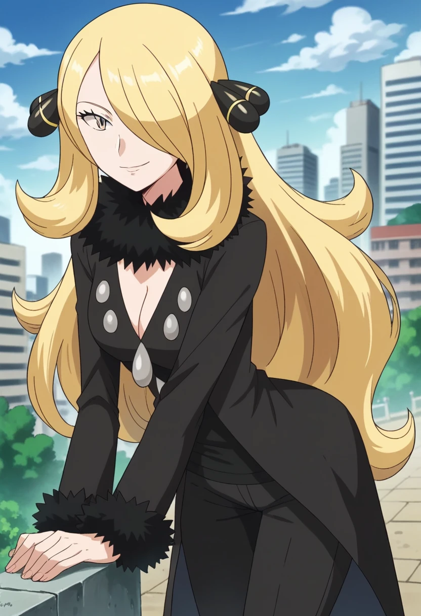 score_9, score_8_up, score_7_up, source_anime,
pokemoncynthia, pokemoncynthia, blonde hair, hair ornament, hair over one eye, long hair, yellow eyes,
black coat, black pants, black shirt, coat, fur collar, fur trim, fur-trimmed sleeves, pants, shirt,
outdoors, cityscape, bent over, smile,
looking at viewer, cowboy shot, dutch angle,