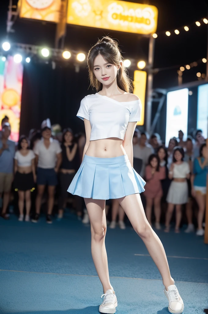 (((best quality))),(((ultra detailed))),(((masterpiece))),illustration,((a beautiful girl,solo)),(shoulder length straight hair:1.2),((slim,thin)),((small breasts,flat chest,claviclis,navel)),(blue short-sleeved white shirt:1.5),(blue mini-skirt:1.3),(slender legs:1.2),(sneakers:1.3),(standing:1.3),(arms behind back:1.3),(on the stage:1.3),((outside a shopping mall, at the entrance of a beer promotional event)),((surrounded by crowded crowds)),((hair and skirt fluttering in the air)),expressive eyes,infectious smile,the stage adorned with colorful decorations,vibrant atmosphere,(night scene:1.3),(from front:1.3),(full body:1.3),