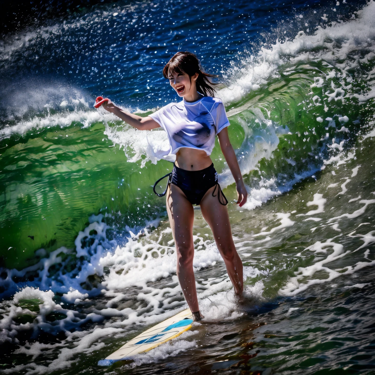 (ZoomedOut:1.28, Wide-shot) ZoomLayer (Epic photo of surfer magazine:1.37). (Full of Water, Everything Wetted:1.4) WetHair (extremely detailed Cute Girl)(SparklingHighlights:1.28), Dynamic Joyful Expressions LifeLike Rendering  . Overflowing Gigantic Sideboob (Clearly Visible Beautiful Breast to Buttocks Line) Tiny and Roundly Butt, Detailed wet clothing texture, (Sloppy Surfboard:-1.2) Riding on waves, Sparkling water, TyndallEffect(Starry Water Particles:1.32), {Wet T-shirt}, Whole Body proportions and all limbs are anatomically accurate