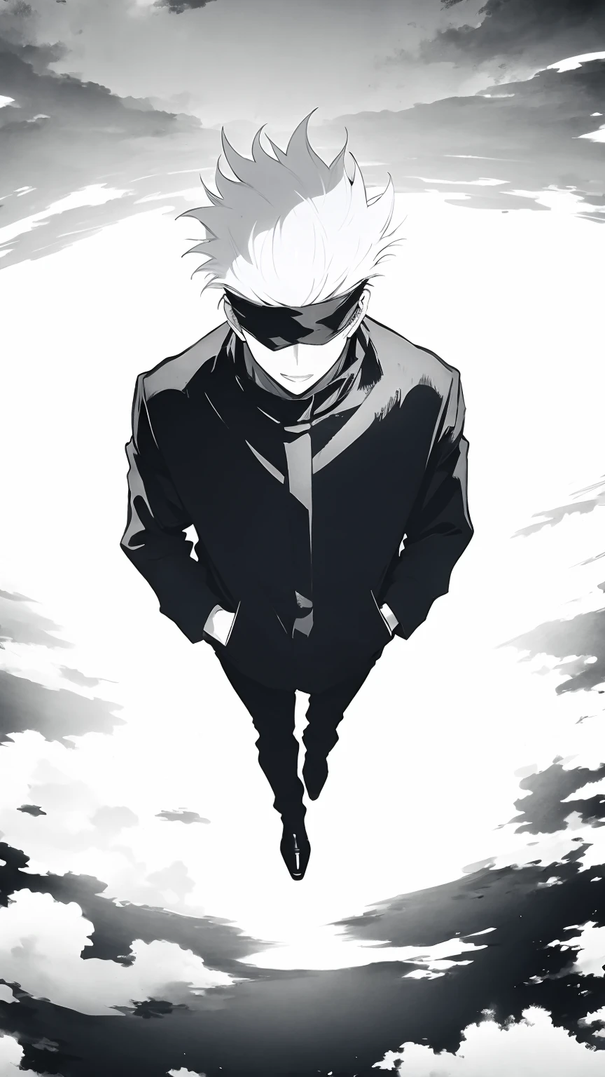 Gojo Satoru, white hair, black blindfold, black gakuran, hands in pockets, (from above), (masterpiece, best quality:1.2), sky cloudy, (floating pose:1.2), (grayscale), (black and white:1.5)
