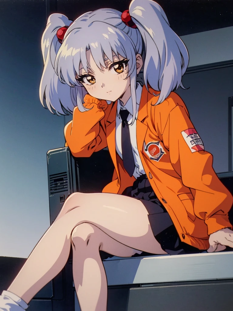 NFSW, (Masterpiece, Top Quality), 1 girl, RH, アニメ, -yeld, boom with lights out, sitting, from front, high definition, Japan, smile, (silver hair), twin tails, medium hair, red hair bobbles, hair ornament, long sleeves, white shirt, necktie, collared shirt, orange jacket, black skirt, 1990s anime style,  Small breasts, Crossing your legs, Show the soles of your feet