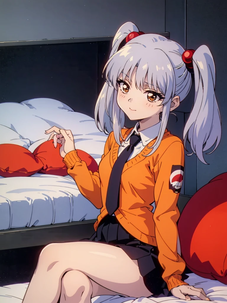 NFSW, (Masterpiece, Top Quality), 1 girl, RH, アニメ, 13-year-old, bedroom with lights out, sitting, from front, high definition, Japan, smile, (silver hair), twin tails, medium hair, red hair bobbles, hair ornament, long sleeves, white shirt, necktie, collared shirt, orange jacket, black skirt, 1990s anime style,  Small breasts, Crossing your legs, Show the soles of your feet