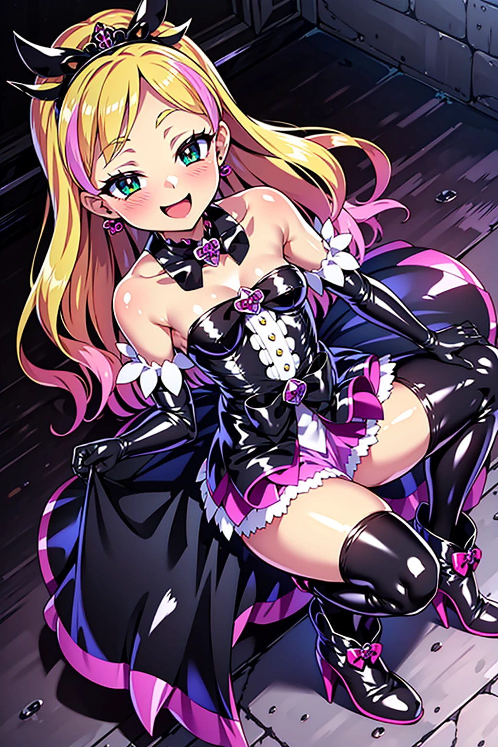 cure flora, 1girl, solo, blonde hair, pink highlights, black hair ornament, (gothic lolita:1.3), black long skirt, black tiara, black gloves, (black gothic dress:1.3), black ballgown, low bat wings, black fur, ribbon, blush cheeks, high heels, black enamel boots, corruption, half-closed eyes, Jewelry, no pupils, (evil smile), (shiny fabric:1.5), open mouth, dark magical girl