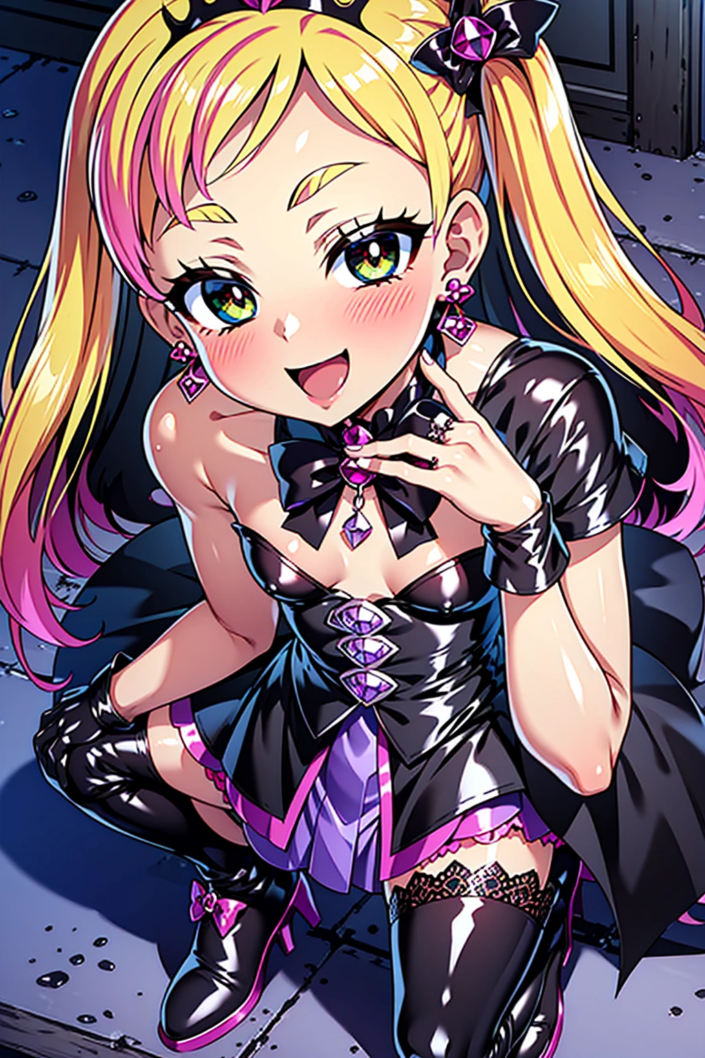 cure flora, 1girl, solo, blonde hair, pink highlights, black hair ornament, (gothic lolita:1.3), black long skirt, black tiara, black gloves, (black gothic dress:1.3), black ballgown, low bat wings, black fur, ribbon, blush cheeks, high heels, black enamel boots, corruption, half-closed eyes, Jewelry, no pupils, (evil smile), (shiny fabric:1.5), open mouth, dark magical girl