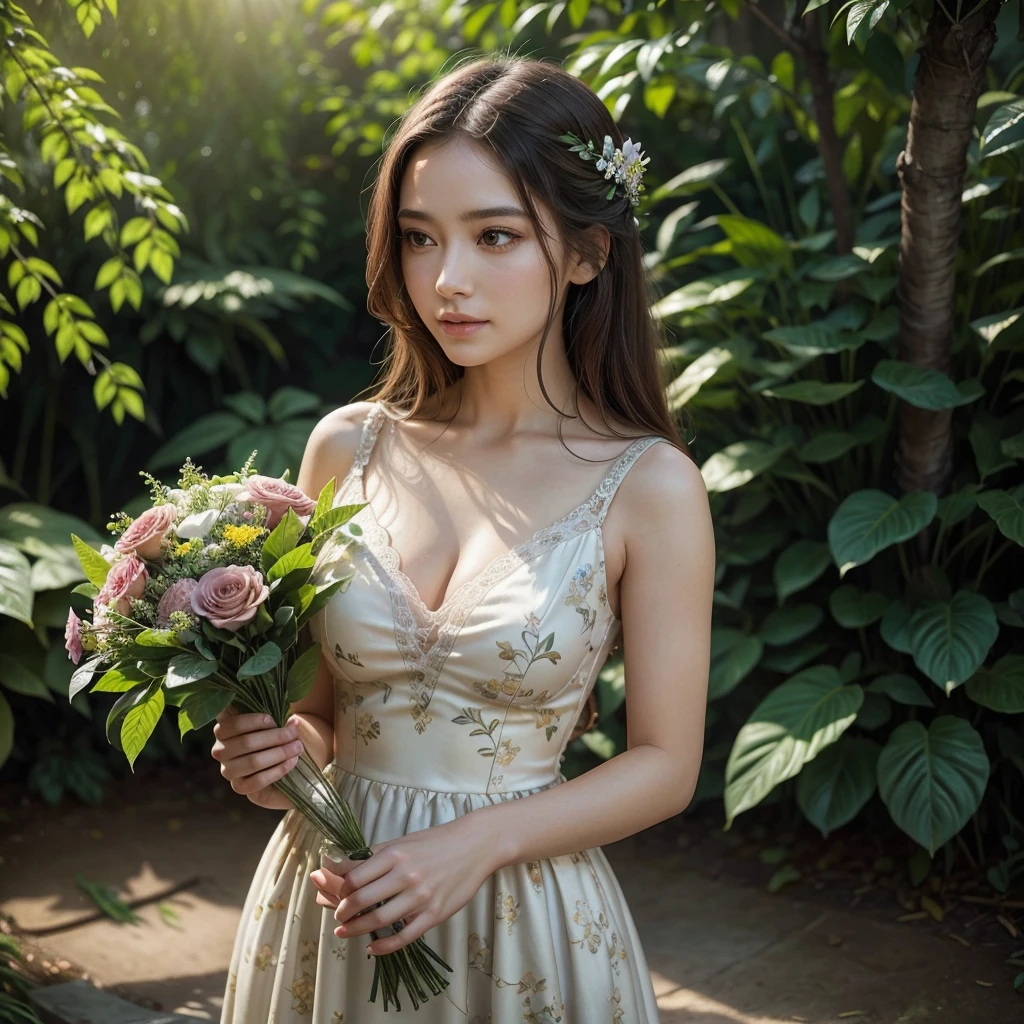 a beautiful woman in a lush garden, holding a bouquet of flowers, looking at the camera with a serene expression, sunlight filtering through the trees, intricate floral patterns, detailed facial features, elegant flowing dress, photorealistic, cinematic lighting, vibrant colors, masterpiece