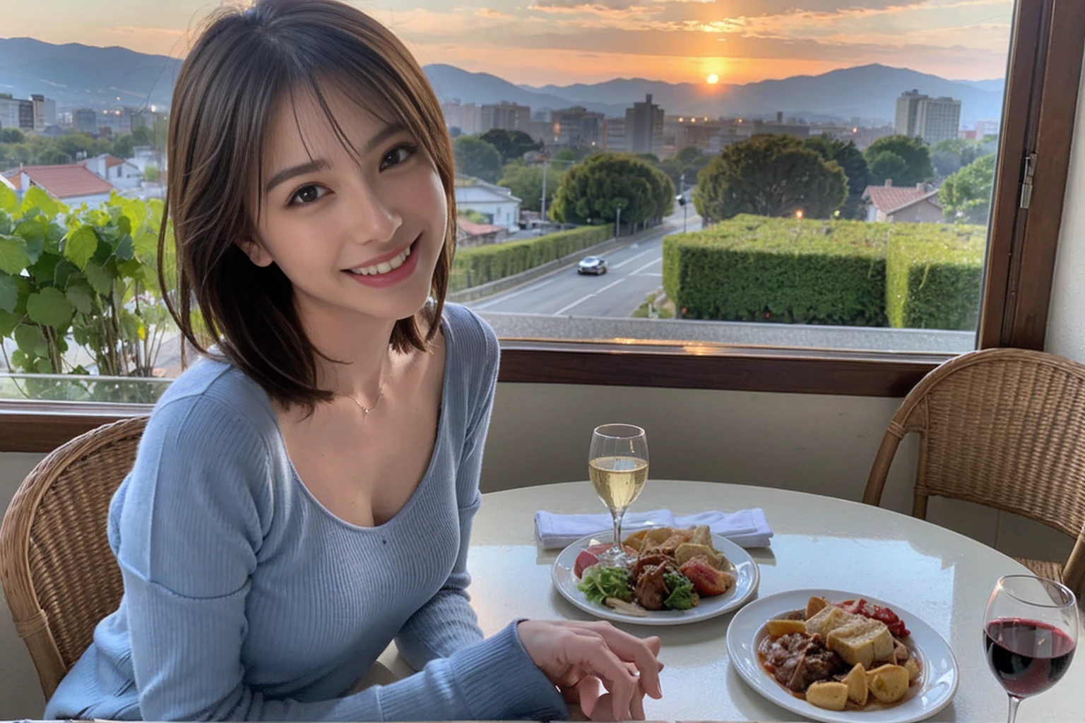 (Realistic:1.1),(masterpiece,Highest quality),8k,(44 years old), 42 years old, slimカップル、Model Couple、actress/actor、Tight waist,Upper Body,full-course dinner、wine 、Amazing view of the sunset sky and clouds、Perfect Anatomy, Brown Hair, short hair,Random Hairstyles,((Highly detailed face and eyes:1.2))(cute顔:1.4),美しいactressの顔,Perfect golden ratio face,Long sleeve shirt、dress,(smile:1.2)、Shortcuts、cute、(Realistic, Intricate details:1.2), A bright smile、short hair,Bright Face、赤wine 、Appetizers、Italian food、wine bottle、Champagne、スパークリングwine、(slimな顔), (The body is slim), (Brown Hair), (Shortcuts), Upper Body, 白wine, slim, wineグラス,