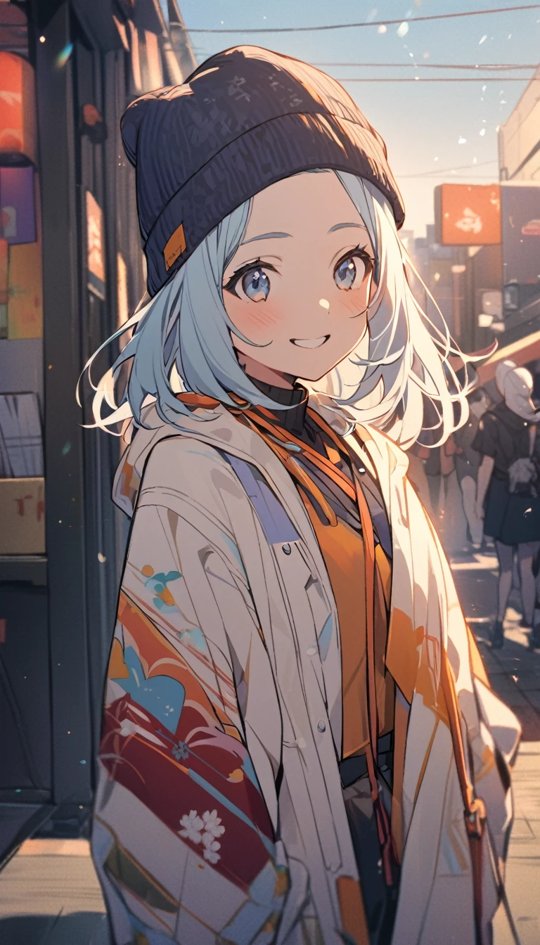 A girl with short light blue hair and see through hair bangs , wearing a beanie,a japanese ,joyful,stoic,standing,