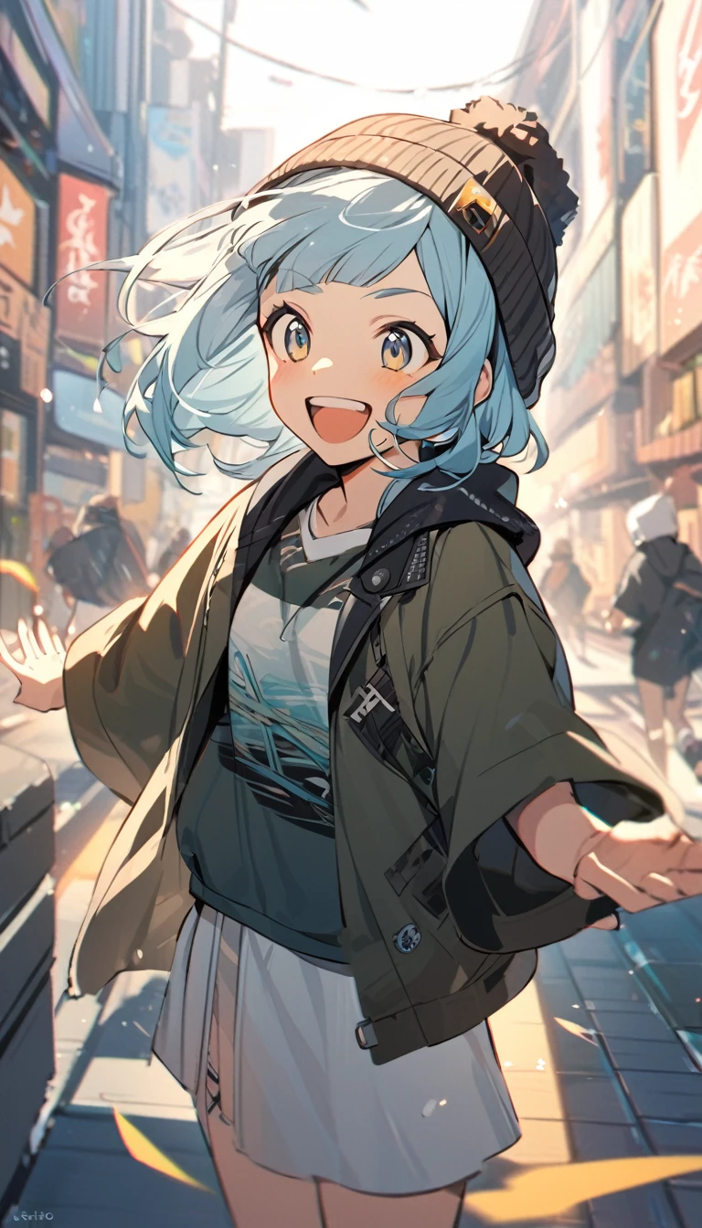 A girl with short light blue hair and see through hair bangs , wearing a beanie,a japanese ,joyful,stoic,standing,