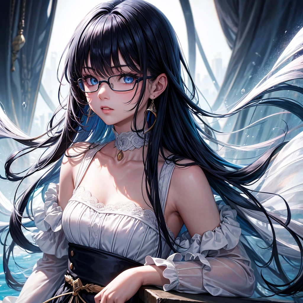 8k wallpaper, masterpiece, movie lighting, best quality, illustration, dramatic angle, ((color: 1.1)), ((color inner hair: 1.4)), 1 girl, alone, long hair, water, blue eyes, Black glasses, collar, open lips, white collar, liquid hair, black hair, Bangs, from side, side, Upper Body, Simple background, Gray background, Bare shoulders, portrait, looking at the audience, White dress, Hair between the eyes, White background, earrings,