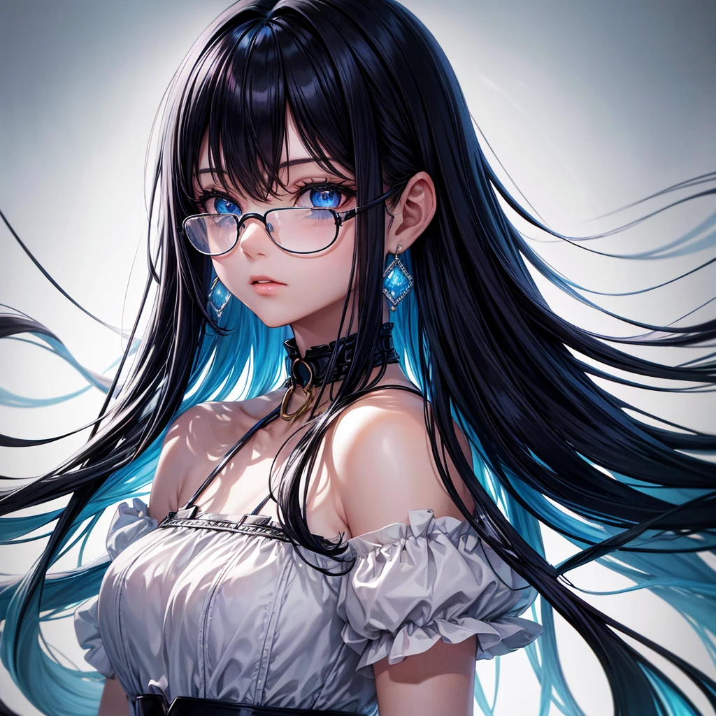 8k wallpaper, masterpiece, movie lighting, best quality, illustration, dramatic angle, ((color: 1.1)), ((color inner hair: 1.4)), 1 girl, alone, long hair, water, blue eyes, Black glasses, collar, open lips, white collar, liquid hair, black hair, Bangs, from side, side, Upper Body, Simple background, Gray background, Bare shoulders, portrait, looking at the audience, White dress, Hair between the eyes, White background, earrings,