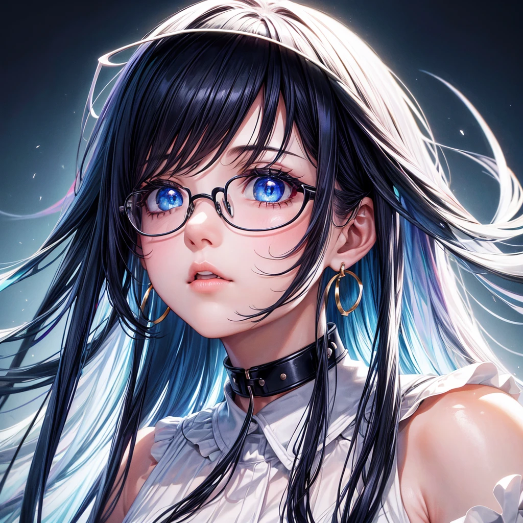 8k wallpaper, masterpiece, movie lighting, best quality, illustration, dramatic angle, ((color: 1.1)), ((color inner hair: 1.4)), 1 girl, alone, long hair, water, blue eyes, Black glasses, collar, open lips, white collar, liquid hair, black hair, Bangs, from side, side, Upper Body, Simple background, Gray background, Bare shoulders, portrait, looking at the audience, White dress, Hair between the eyes, White background, earrings,