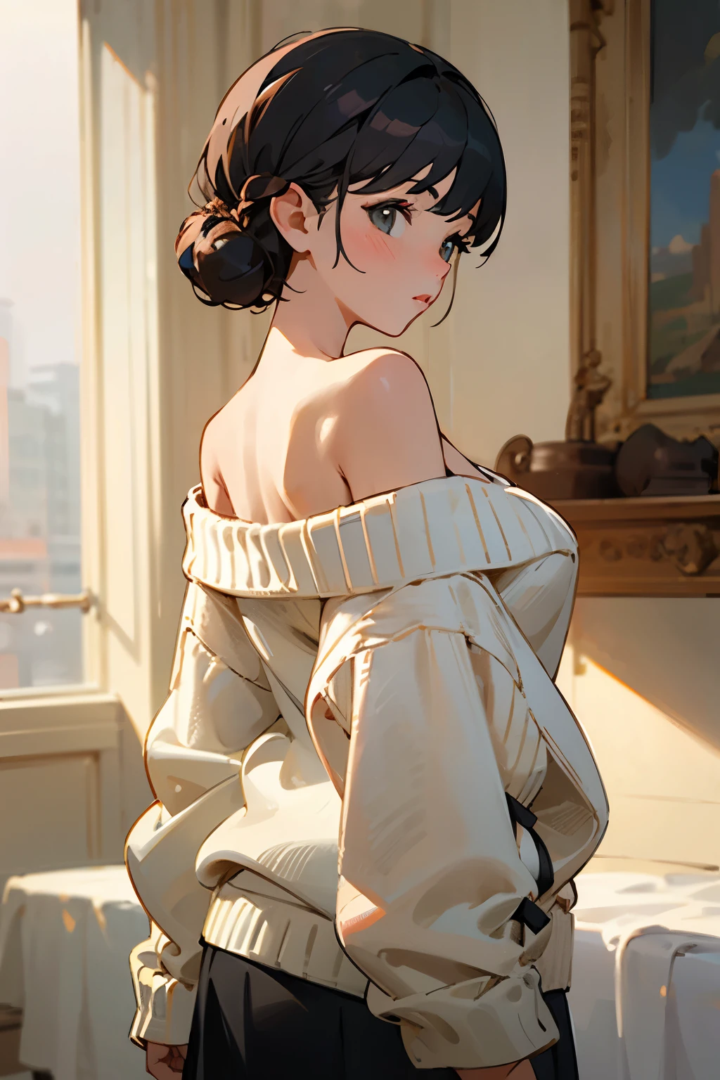 ((best quality)), ((masterpiece)), (detailed), 1girl, off-shoulder sweater, 