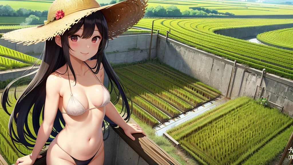 View from the summit,Small seedlings growing in rice paddies,Rice cultivation,Rice transplanter,masterpiece,Long black hair,Large Breasts,Brown eyes,smile,Straw hat