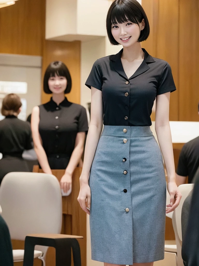 Highest quality、masterpiece、8k、Very detailed、Realistic、(One person:1.2)、Looking at me with a smile、whole body、Black Hair、Short Hair、Small face、Slender、(Very large breasts:1.2)、Thin and beautiful legs、narrow and constricted waist,、(Family Restaurant Uniforms:1.2)、A tight-fitting white shirt with buttons and a collar、A short, black, high-waisted skirt、(Nobody background)