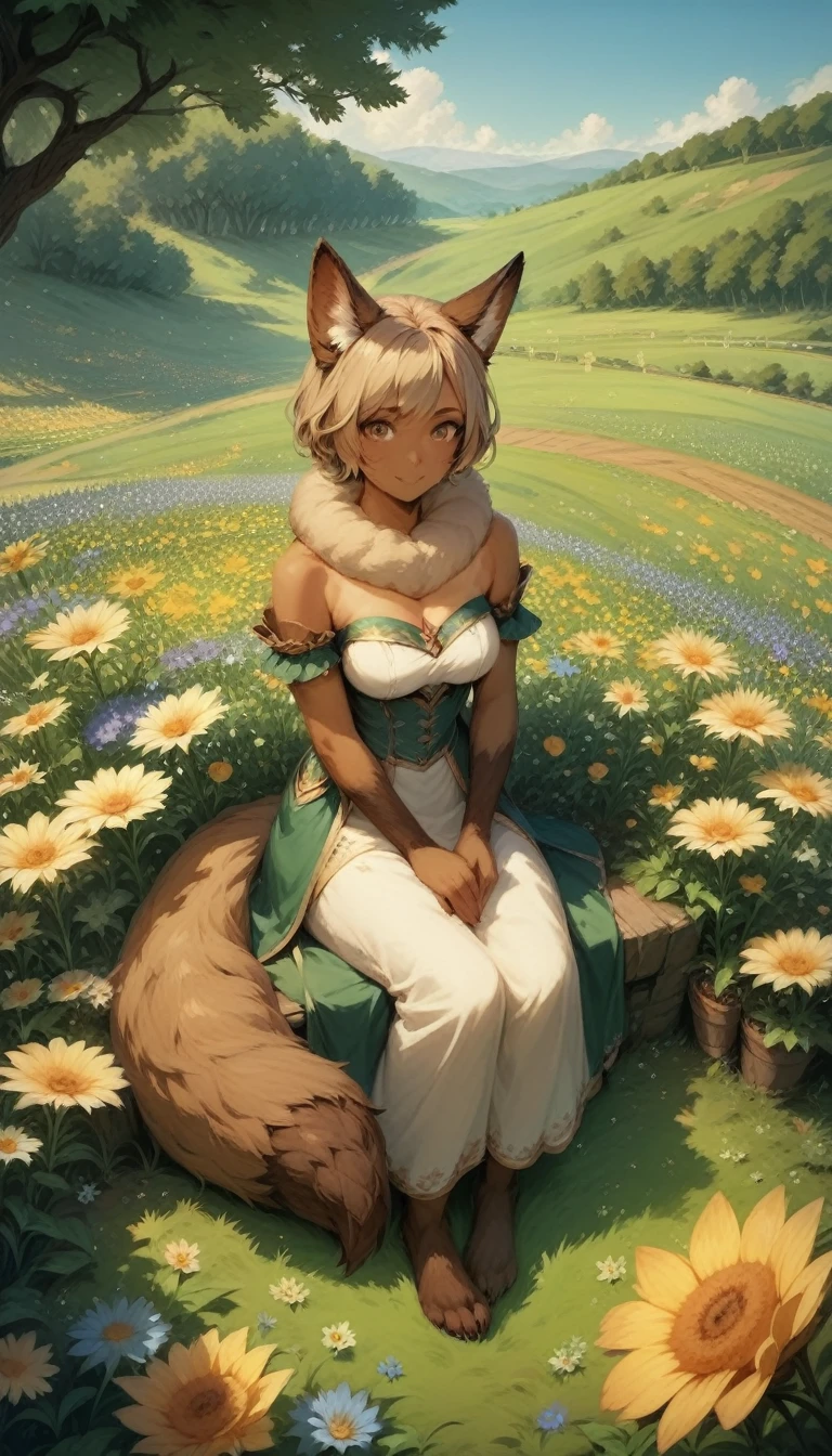 Fox, (monster Girl), With long brown ears、The inside is dark brown。, Brown fur, Tan neck hair, Brown fluffy tail with tan tip, Big brown eyes, Wear modest clothing, Sitting in a flower field, masterpiece, Highest quality