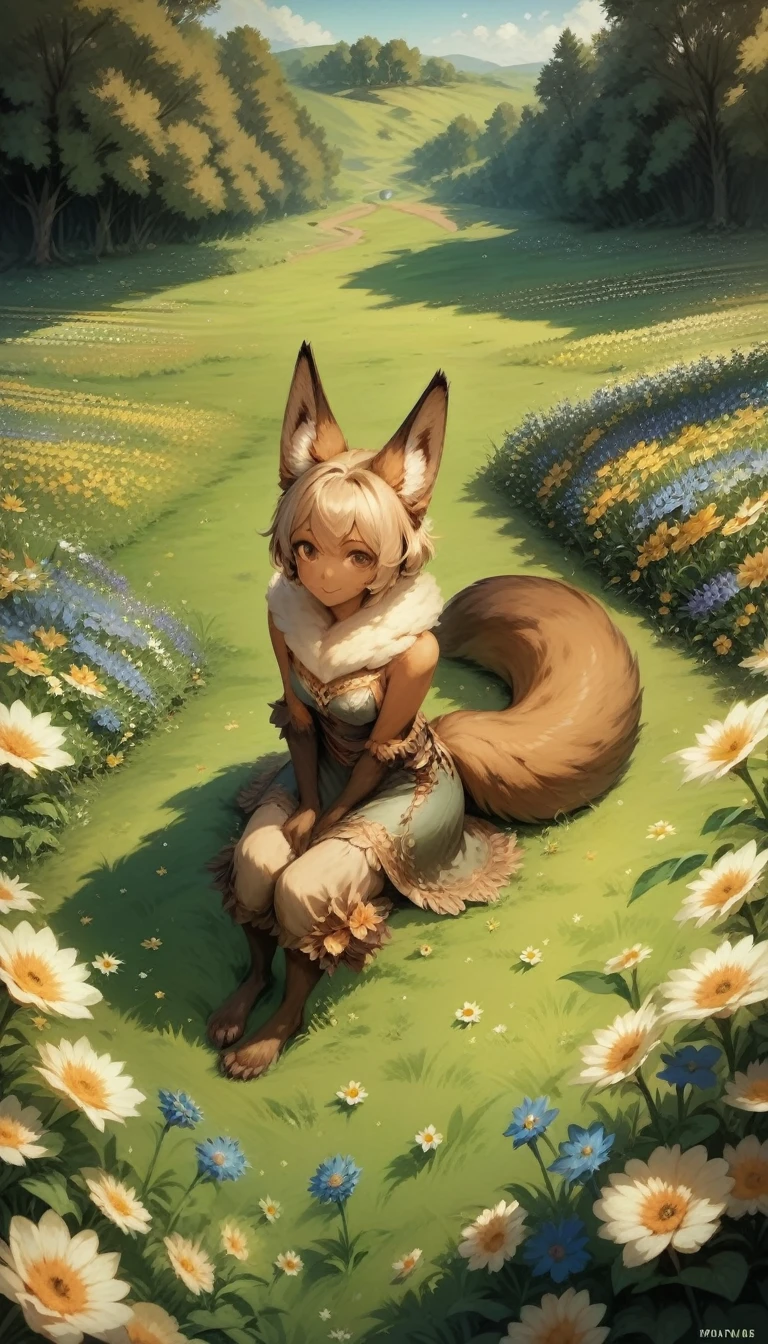 Fox, (monster Girl), With long brown ears、The inside is dark brown。, Brown fur, Tan neck hair, Brown fluffy tail with tan tip, Big brown eyes, Wear modest clothing, Sitting in a flower field, masterpiece, Highest quality