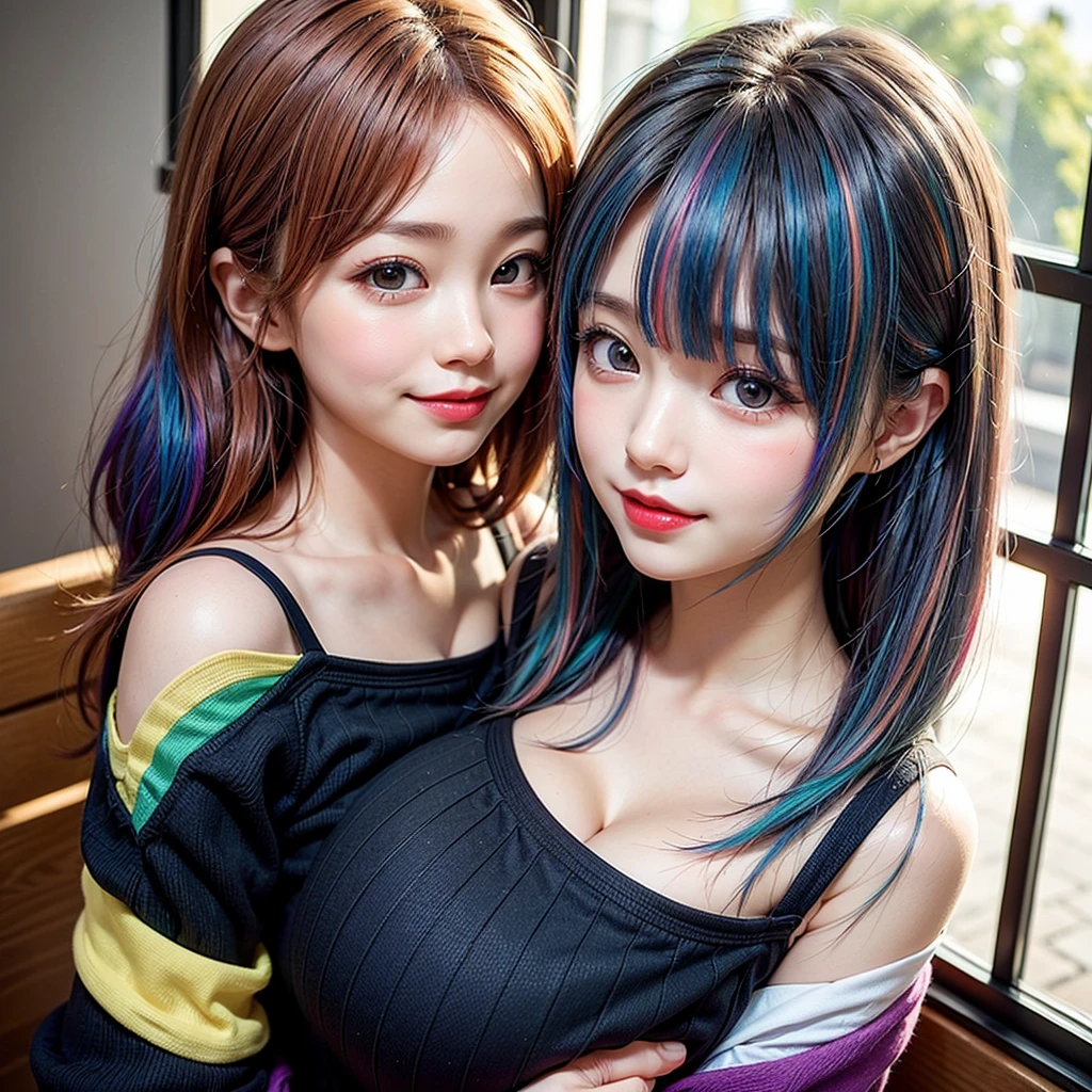 White and Bright Red, (Masterpiece 8K TopQuality:1.2) (ProfessionalPhoto:1.37) ExtremelyDetailed (((2 KAWAII girls rainbow colored hair with massive accentuated super HUGE enormously gigantic , deep cleavage, 2 girls side by side:1.37)) (school uniform with bow tie) Extremely detailed (Delicate cotton textures) PerfectLighting (window view school classroom Background) (plaid school girl skirt and white thigh high socks)  BREAK  (((NOGIZAKA FaceVariations))), Extremely Detailed (very KAWAII Face), CaptivatingGaze Stunning ParfectEyes ElaboratePupils with (SparklingHighlights:1.28), DoubleEyelids with (Detailed Voluminous LongEyelashes:0.88), Small GlossyRedLips with BeautifulDetails, CoquettishTongue, PUNIPUNI RosyCheeks, Radiant PearlSkin with Transparency, Glowing DowneyHair . { (Dynamic Joyful expressions LifeLike Rendering:1.4) | (:d) }, (large eyes:-1) . 