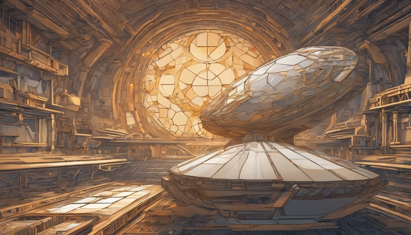 Sci-fi starship embodies biomechanical design, complex and detailed against the stark contrast of space, intricate beams and panels reflect an orange and beige palette, enveloped in a blur and haze that adds a mysterious ambiance, features illuminated by strategic lighting effects evoking drama, dark ambience, spacecraft designed in the manner of Ridley Scott, Mary Shelley, and James Cameron influences, includes an overlay of vintage da Vinci, Broken Glass effect, no background, stunning, something that even doesn't exist, mythical being, energy, molecular, textures, iridescent and luminescent scales, breathtaking beauty, pure perfection, divine presence, unforgettable, impressive, breathtaking beauty, Volumetric light, auras, rays, vivid colors reflects